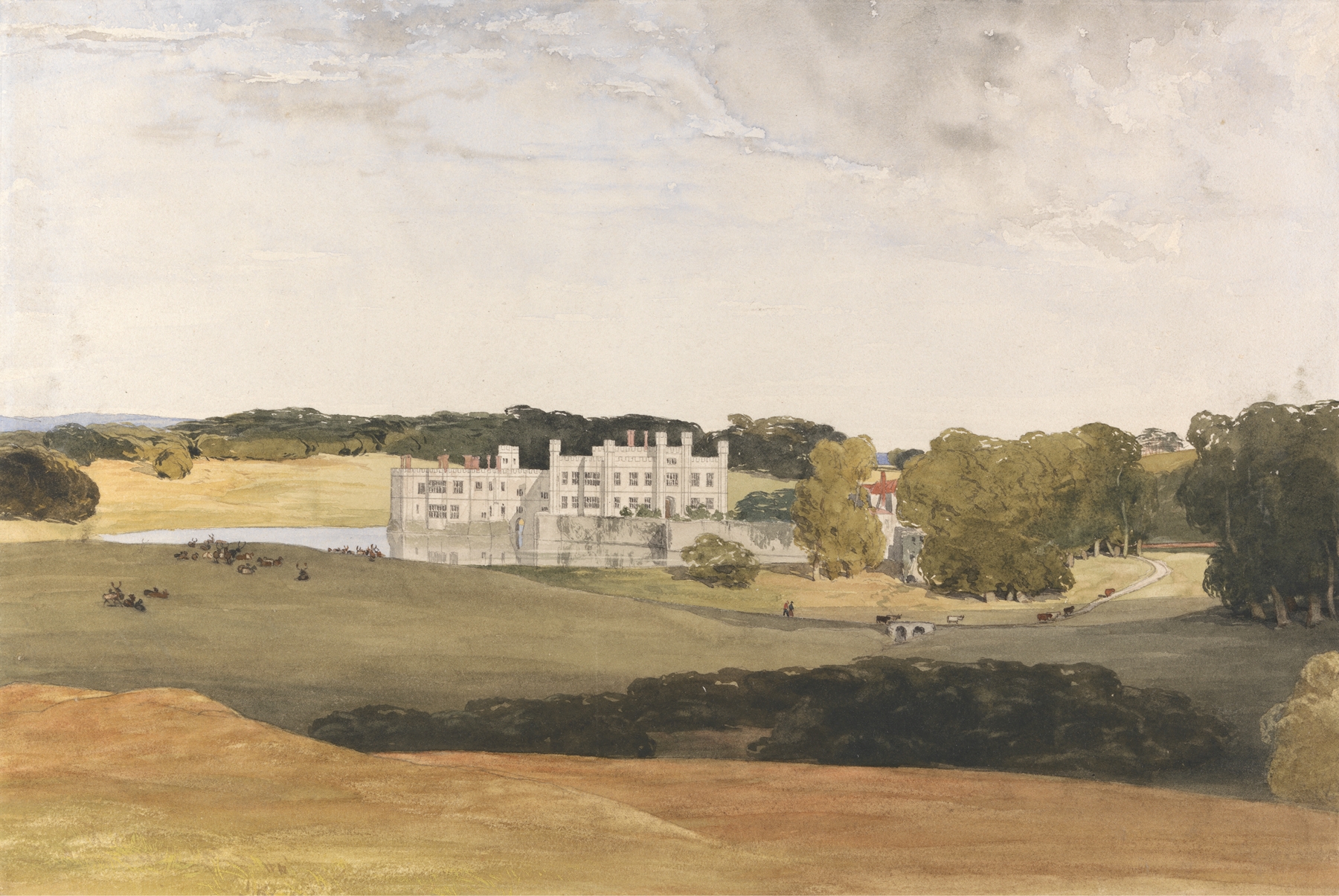 Leeds Castle, Kent by Thomas Collier, oil painting depicting a castle by a river at sunset.