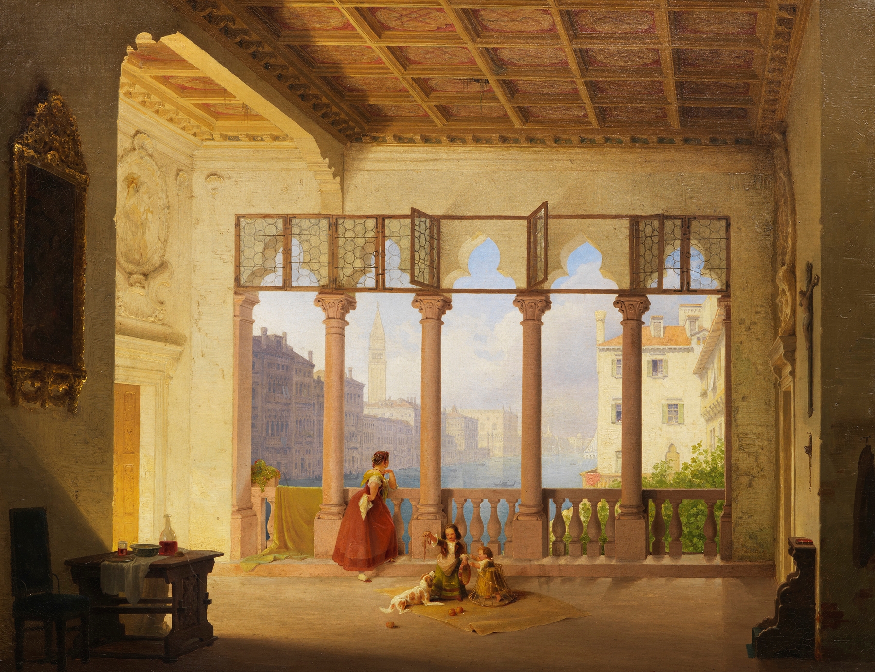 Interior scene with rich upholstery and a view of the Campanile and Dogenpalast, oil painting by Max Emanuel Ainmiller