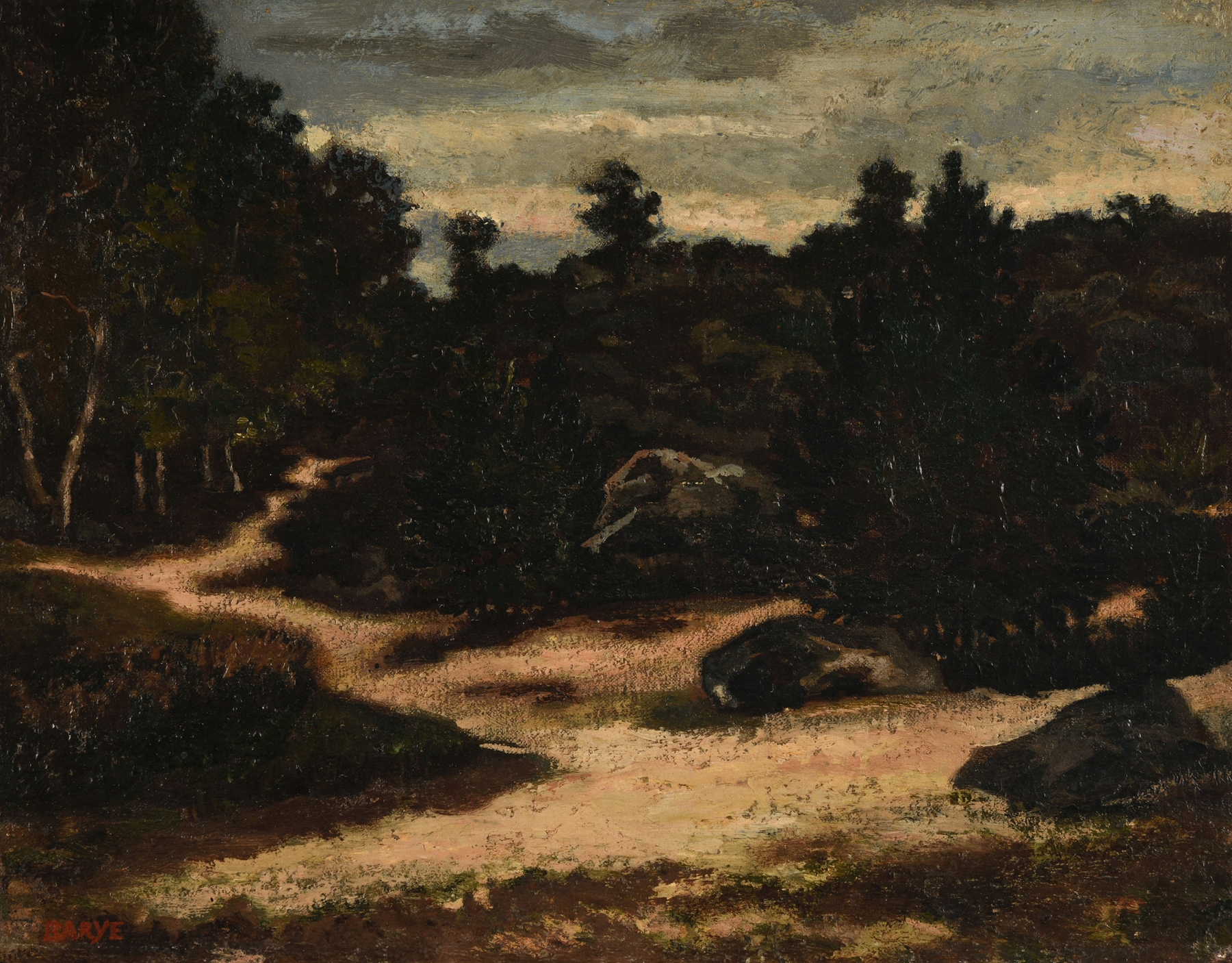 Oil painting by Antoine-Louis Barye depicting a sandy path in a forest