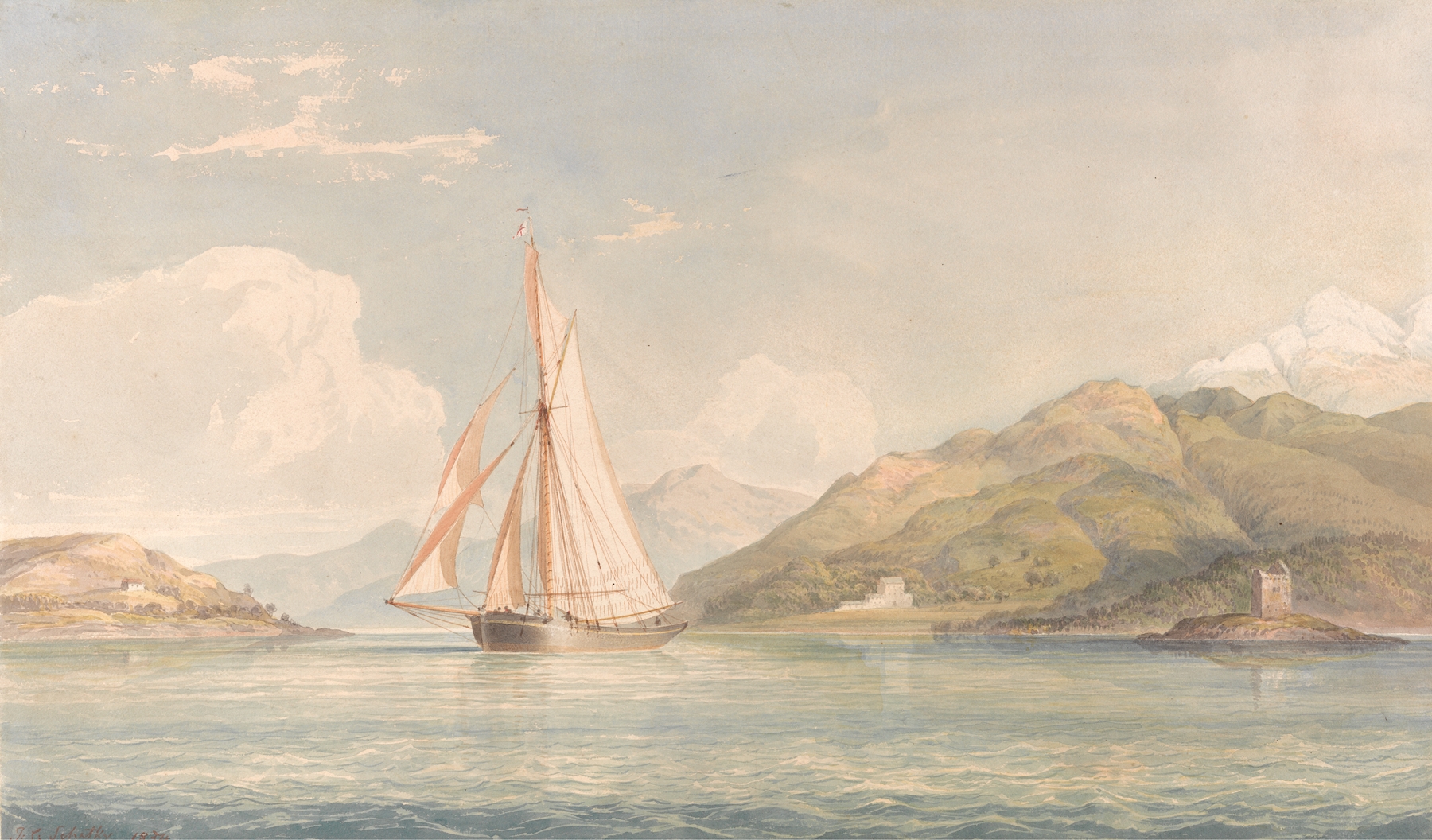 Boat sailing on water with mountains in the background, oil on canvas by John Christian Schetky