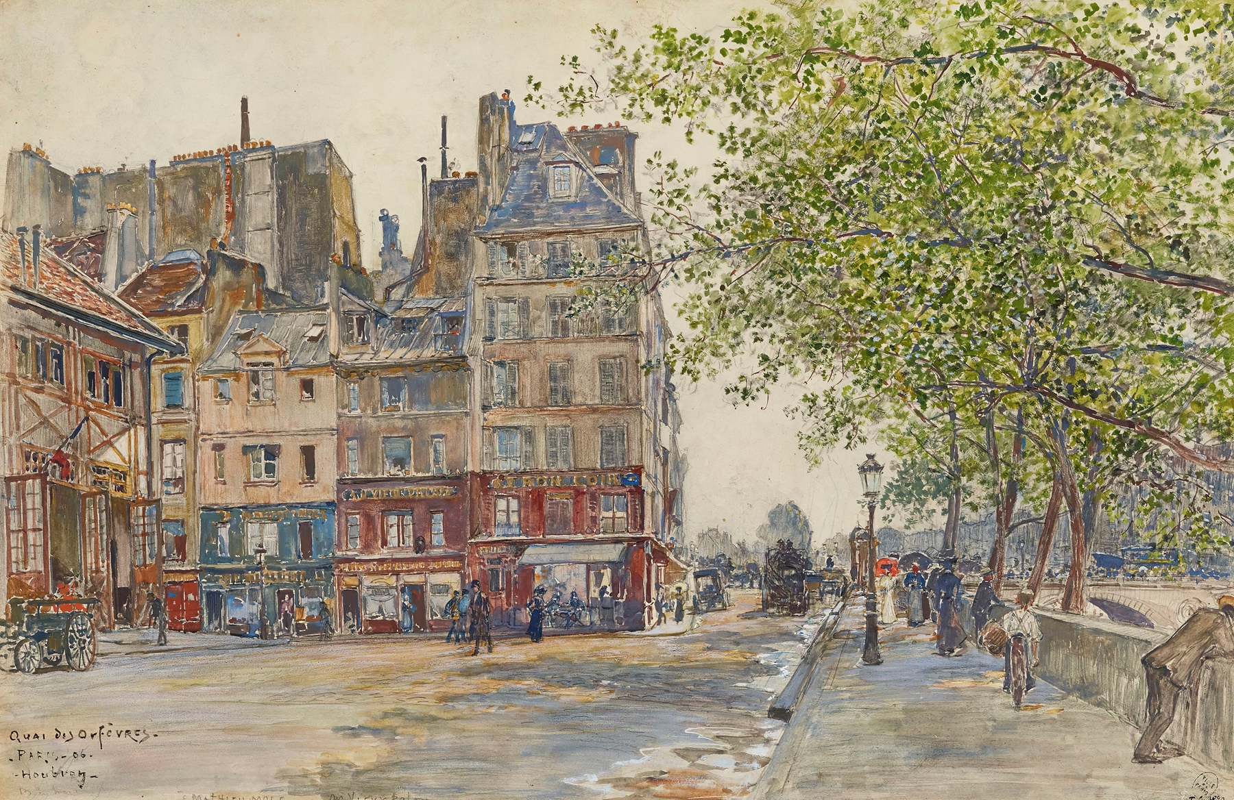 Marine scene of Quai des Orfèvres by Frédéric Houbron, oil painting depicting the Seine and cloudy sky.