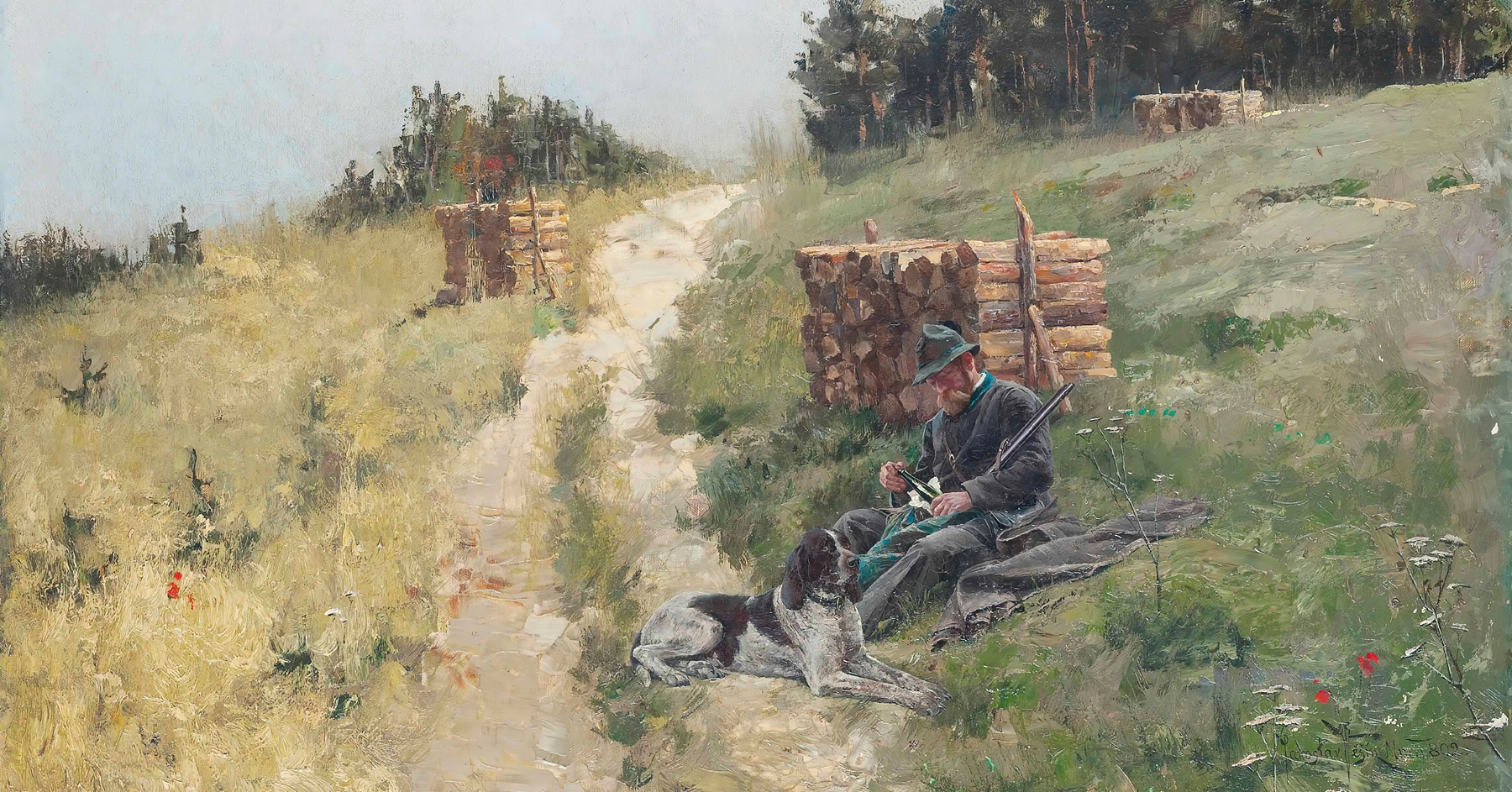 A hunter taking refreshment, oil on canvas by Jaroslav Věšín