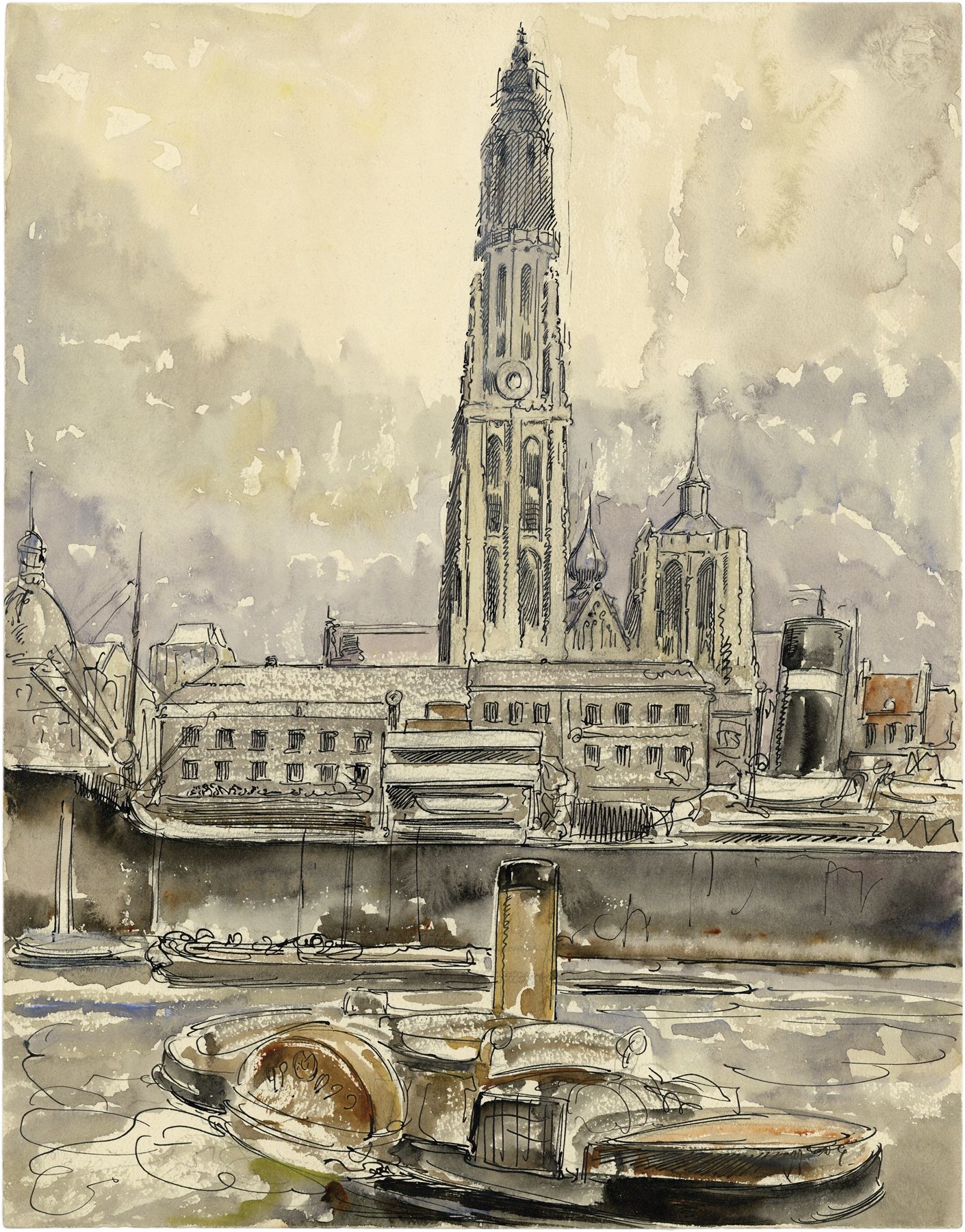 Onze-Lieve-Vrouwe Kathedraal te Antwerpen vanop de Schelde, by Alfred Ost, public domain