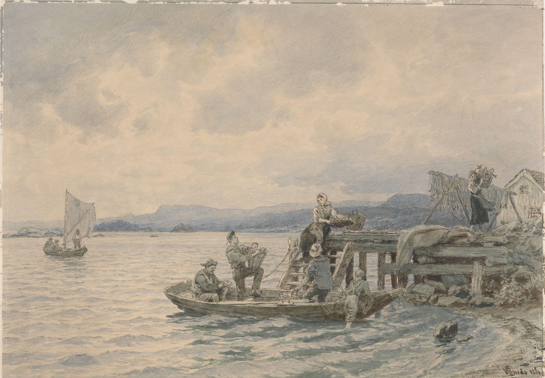 Fishermen at Pier in The Kristiania Fjord by Hans Gude, oil painting