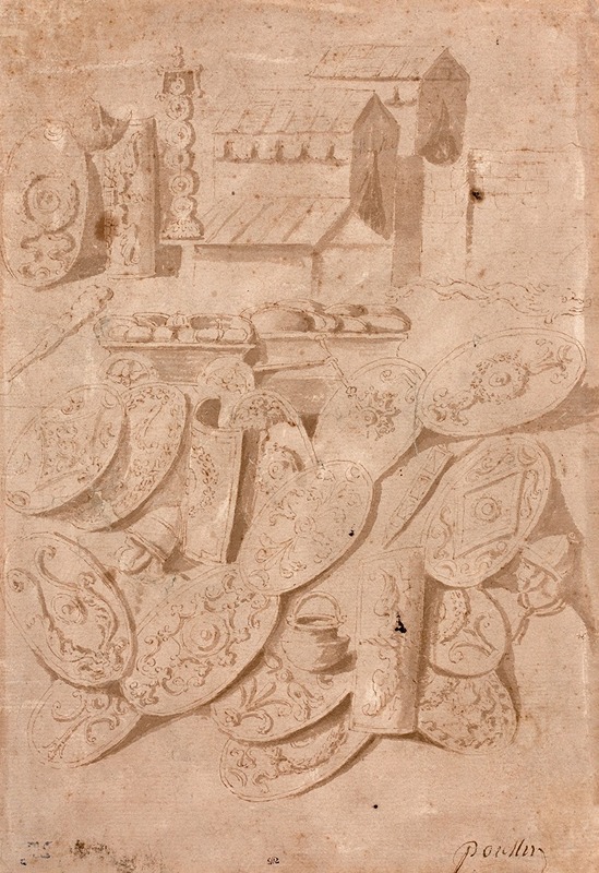 Nicolas Poussin's study of military objects inspired by Trajan's Column.