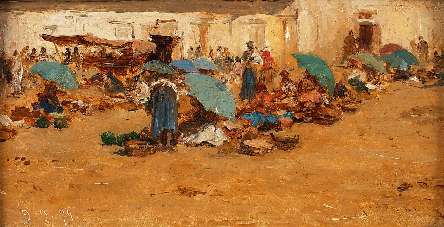 Ungarischer Markt mit blauen Schirmen, by August von Pettenkofen, public domain