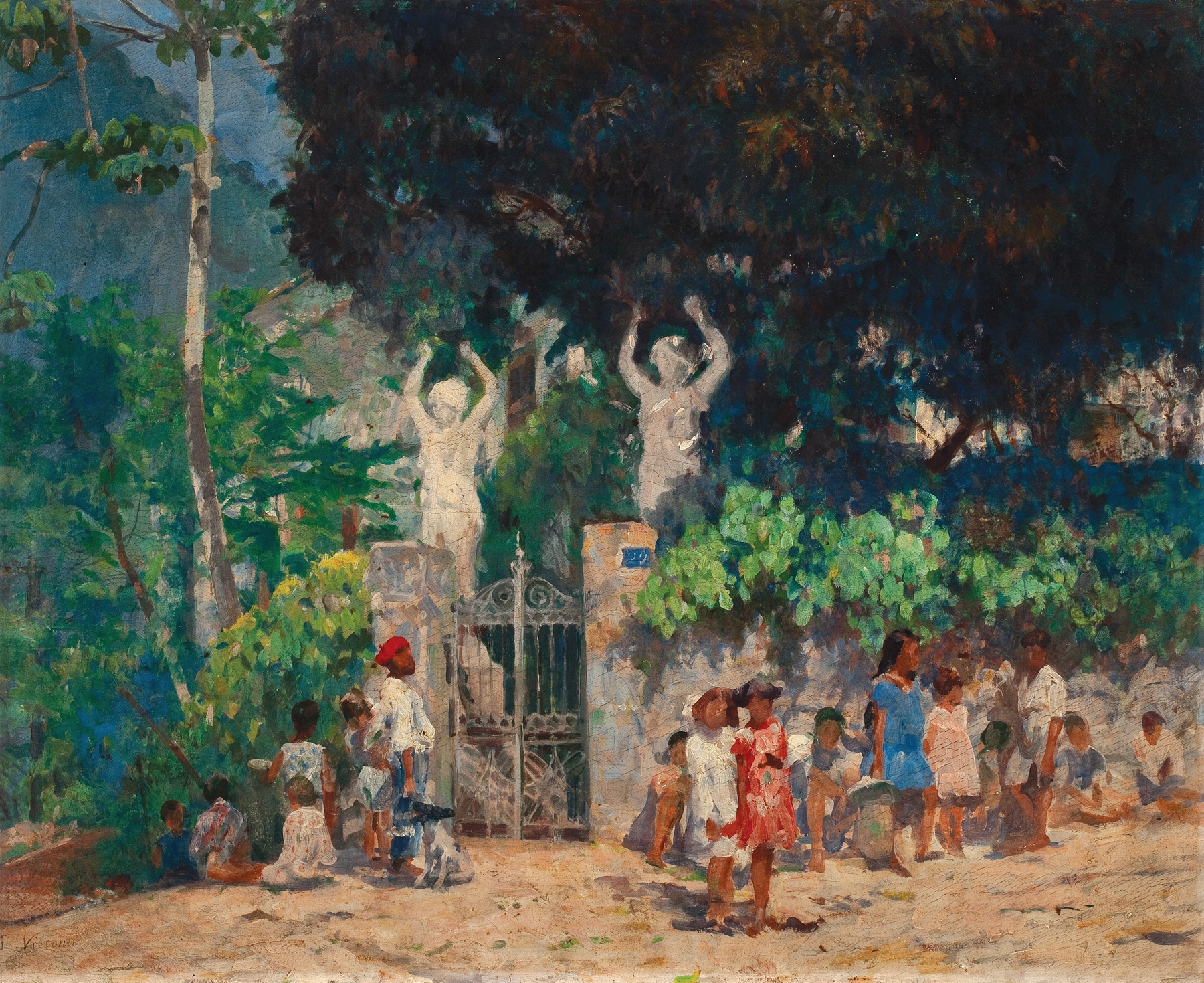 Figurative oil painting by Eliseu Visconti of a girl walking towards school.