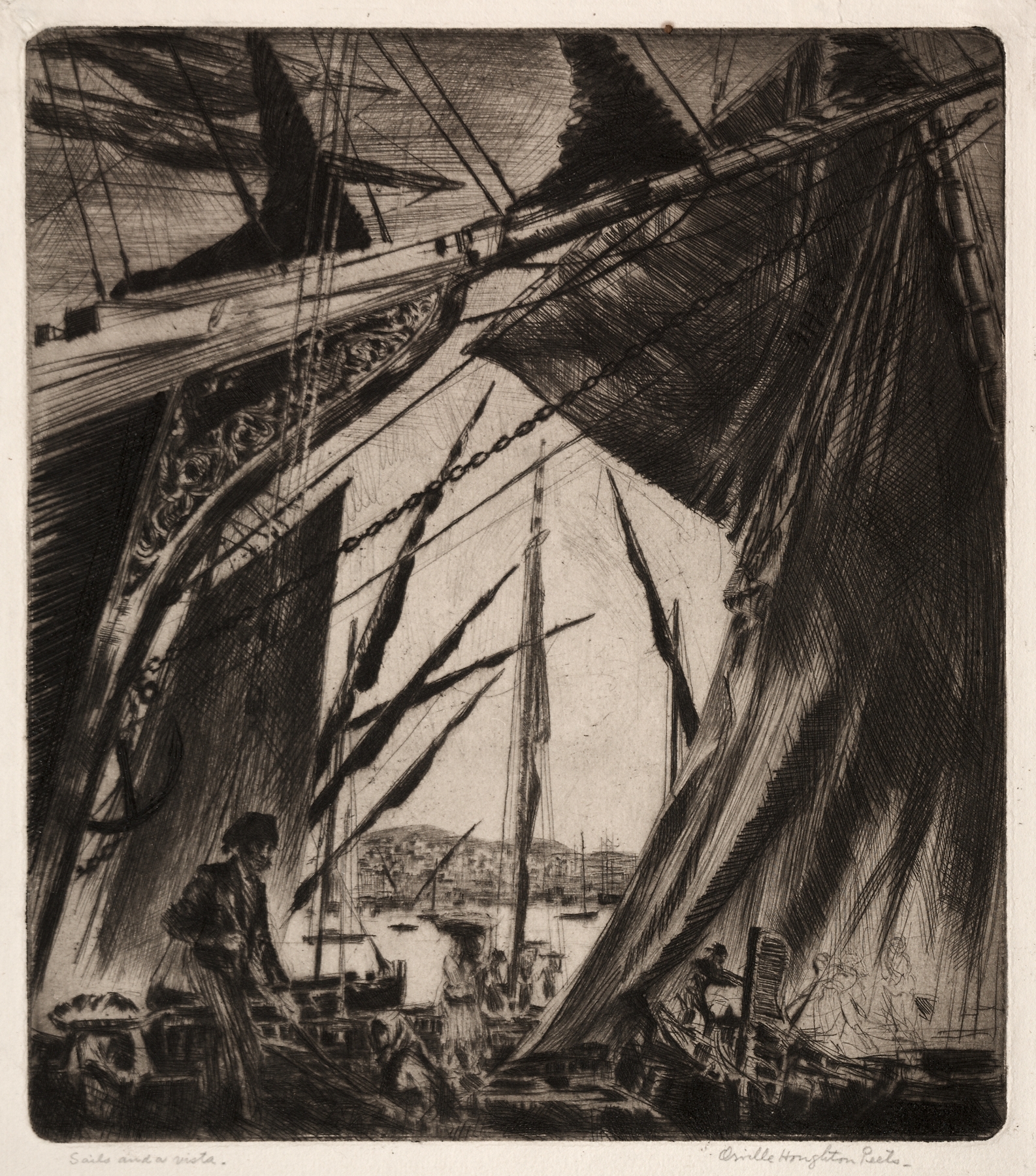 Marine scene with sails and water by Orville Houghton Peets, oil painting