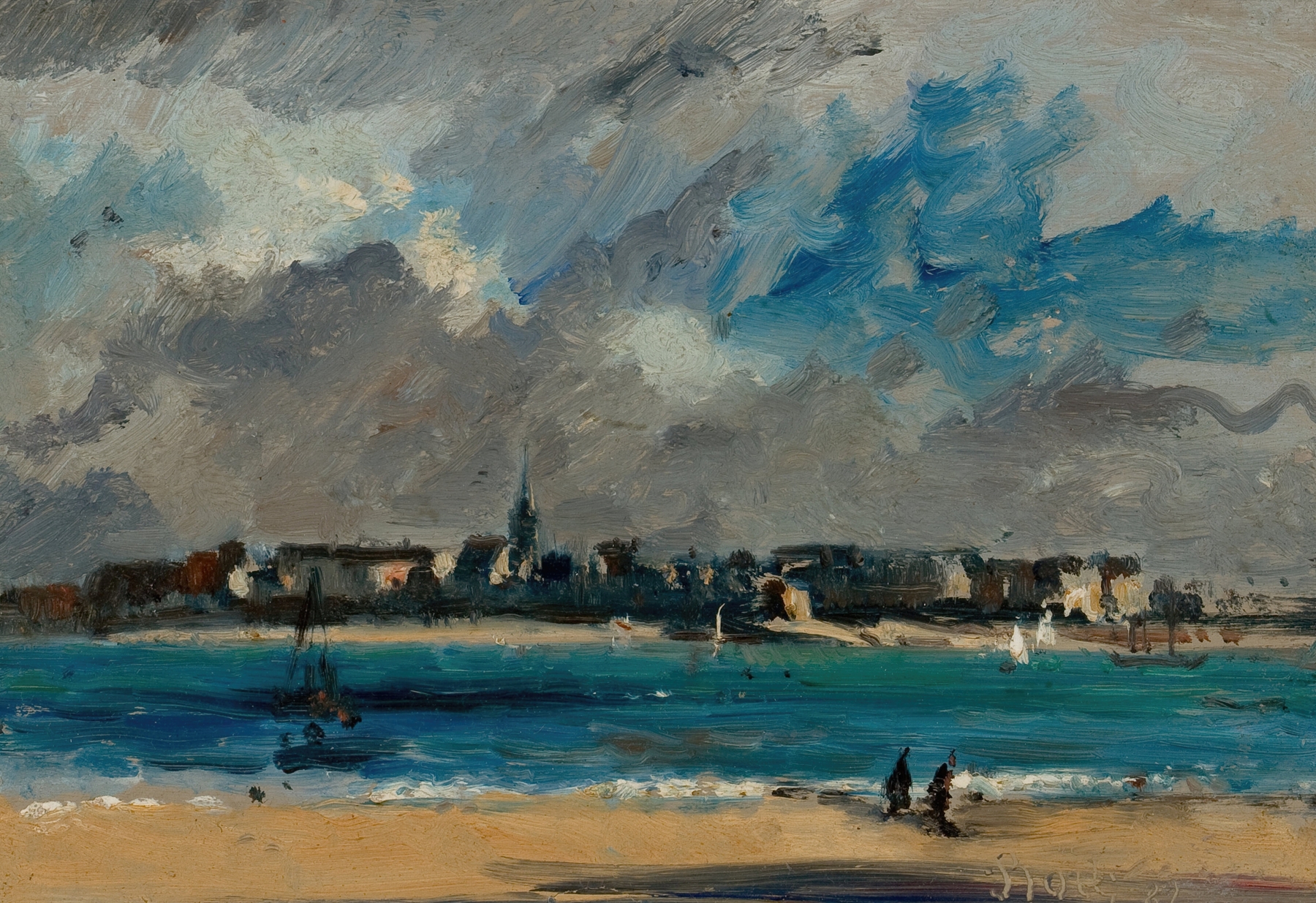 Impressionist oil painting by Edward Darley Boit depicting a cityscape across water.