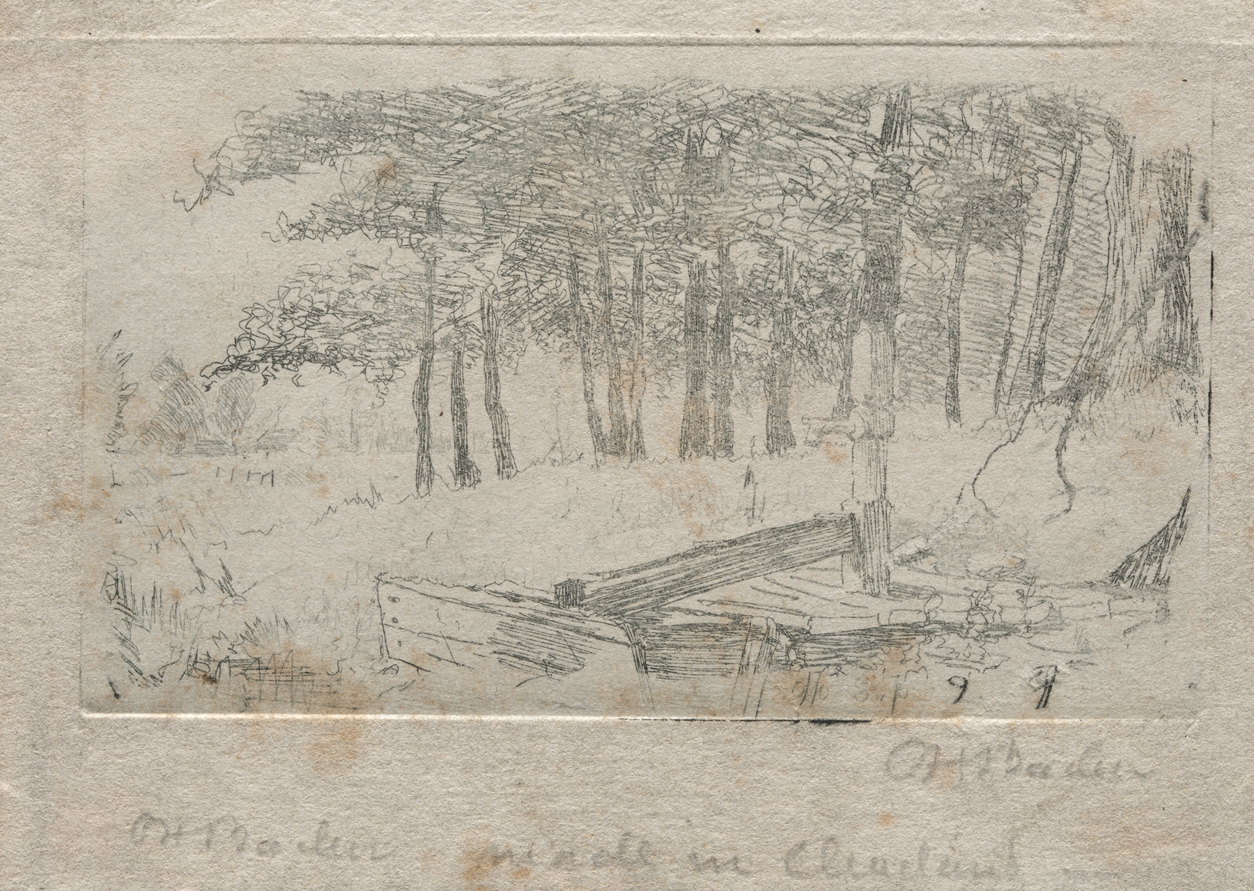 Landscape drawing by Otto Henry Bacher, featuring soft strokes and earthy tones.