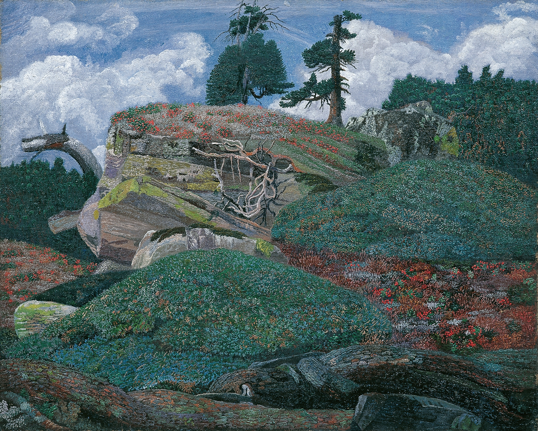 Landschaft mit Felsen by Karl Mediz, landscape depicting rugged cliffs illuminated by golden light.