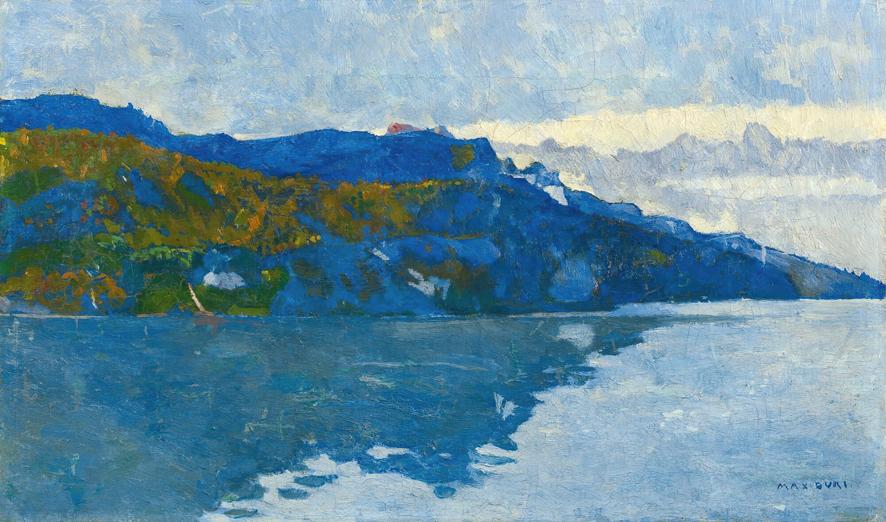 Lake Brienz by Max Buri, oil painting depicting a tranquil landscape with deep blues and greens.