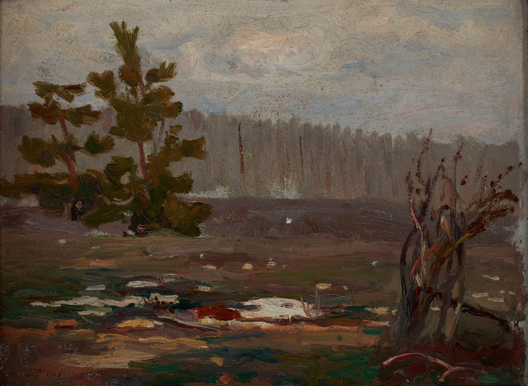Landscape oil painting by Jan Stanisławski featuring a gray sky and soft light