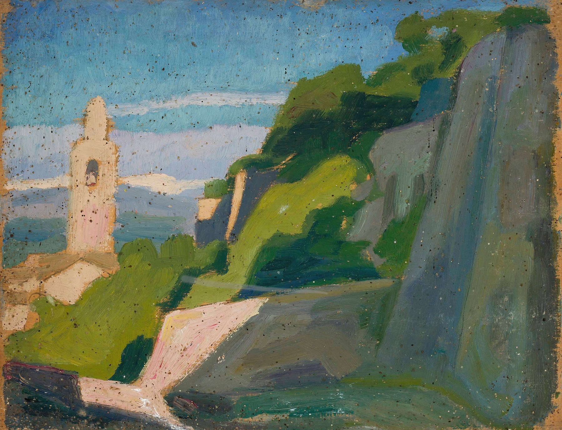 Landscape with a shrine by Jan Rembowski, oil painting depicting trees and a serene shrine at twilight.