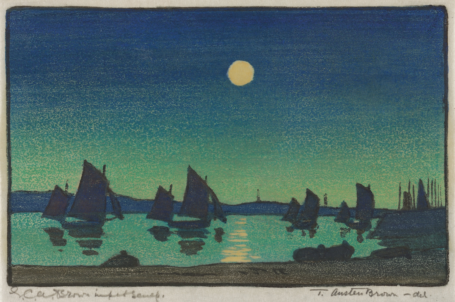 Harbour in Moonlight, oil painting by Elizabeth Christie Austen Brown, depicting boats on water under moonlight