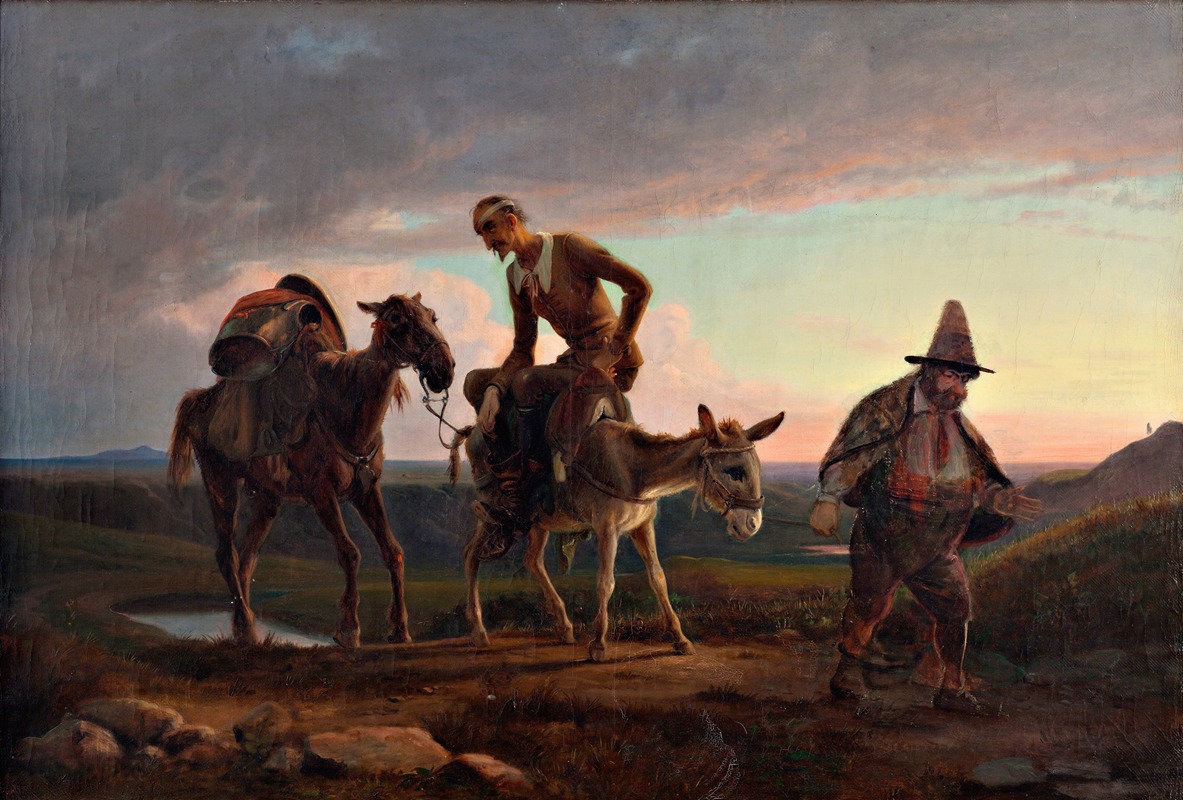 A depiction of Don Quixote's first ride home by Wilhelm Marstrand.