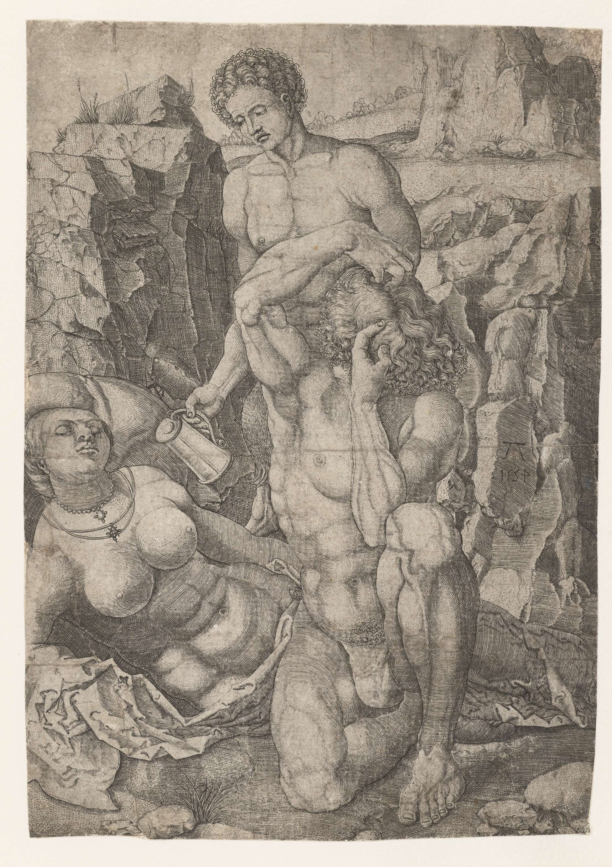 Engraving by Monogrammist AC depicting a face emerging from brushstrokes