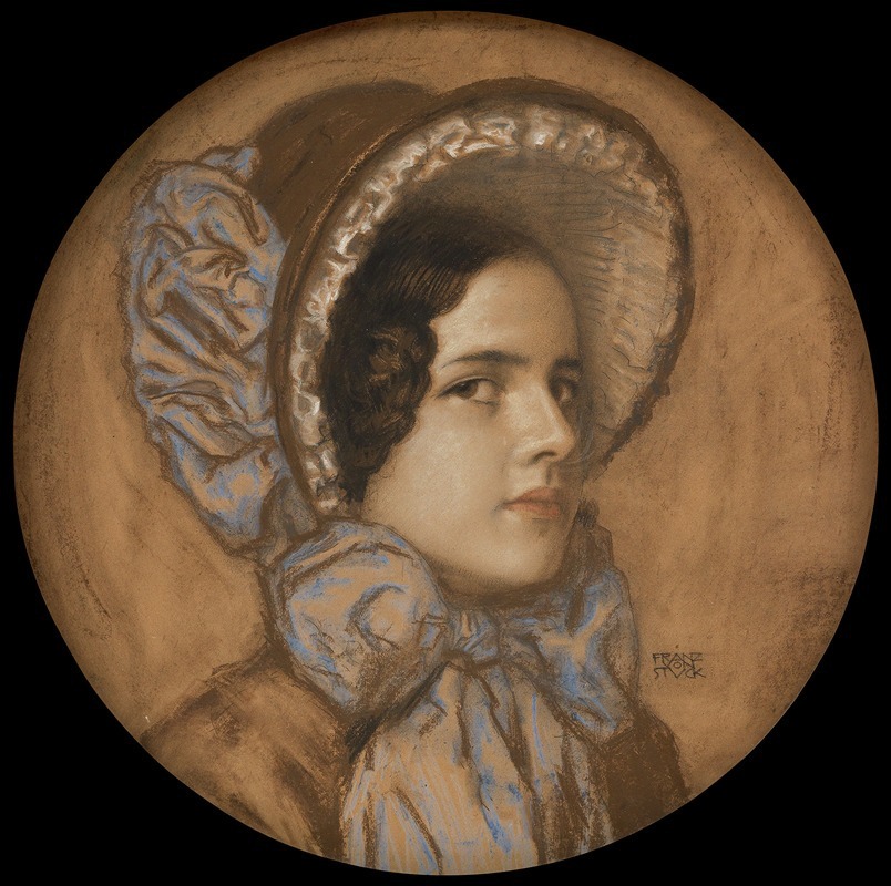 A portrait of a young girl wearing a frilly hat by Franz von Stuck.