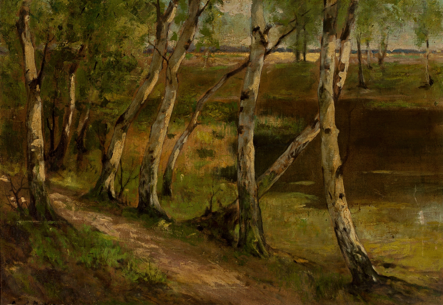 Birches at waterside, oil on canvas by Curt Agthe, featuring slender birch trees and a serene pond.
