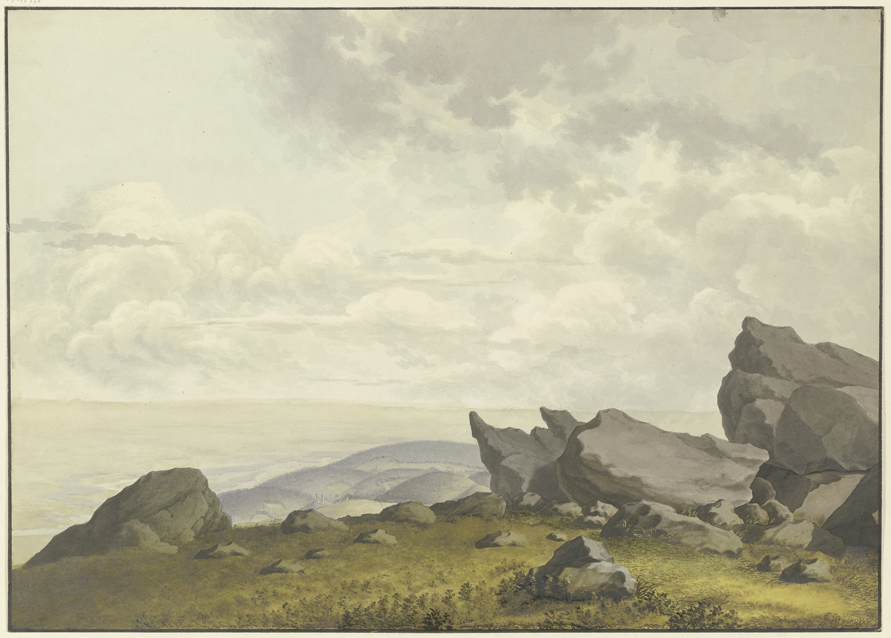 Landscape oil painting by Christian Georg Schütz the Younger featuring rocks and a valley
