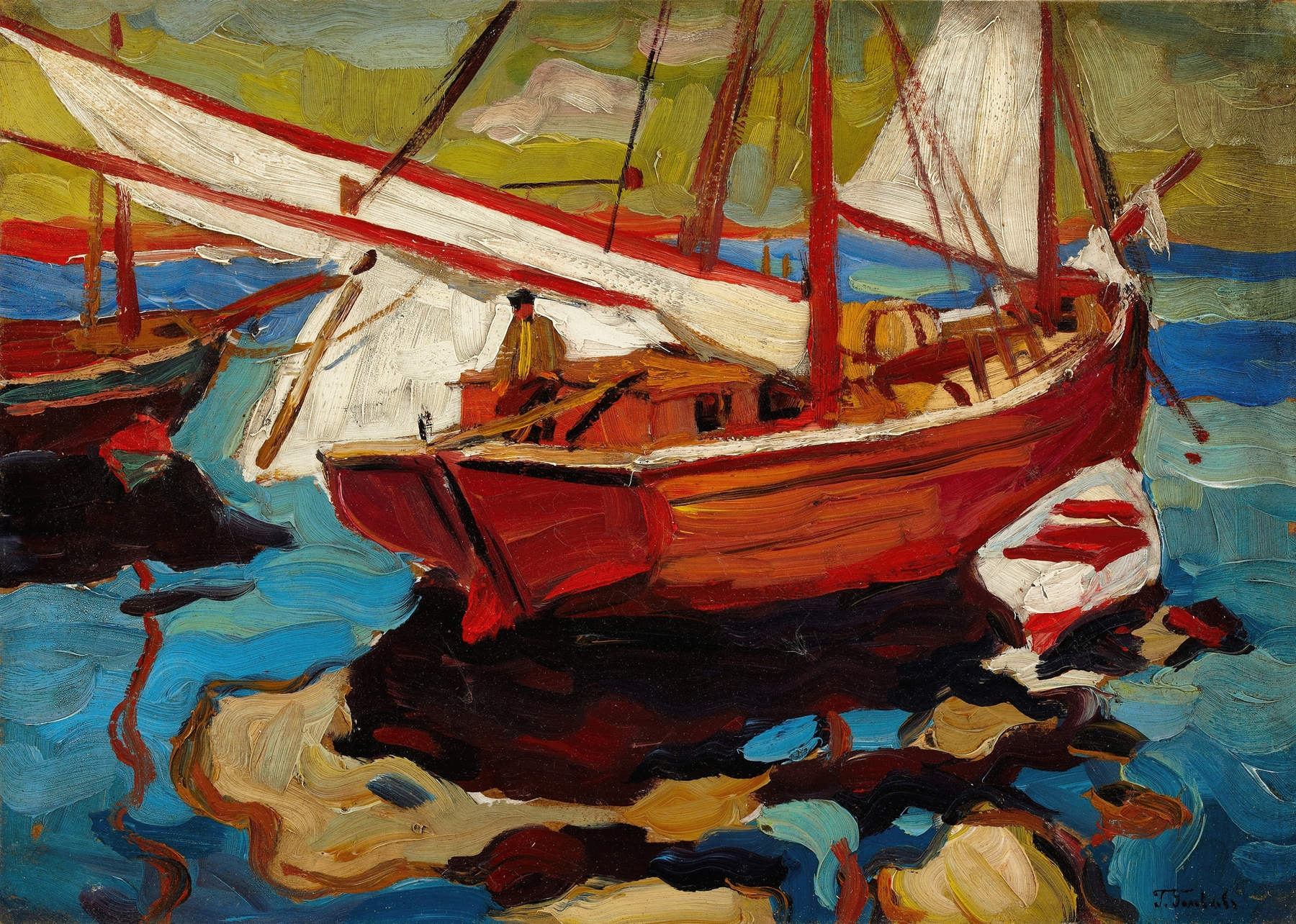 Fishing Boats in Hafen by Gerassim Semenovich Golovkov, oil painting depicting boats in a harbor.