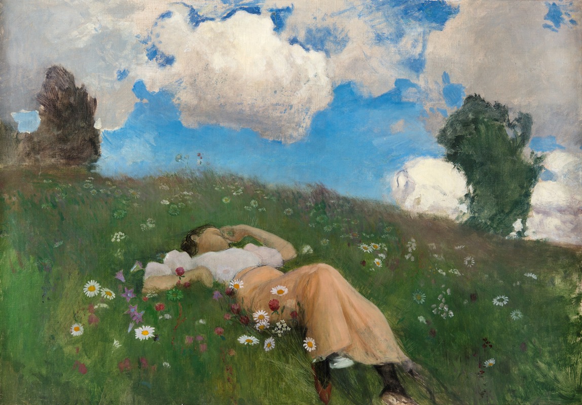 A portrait of a young woman in a meadow, painted by Eero Järnefelt.