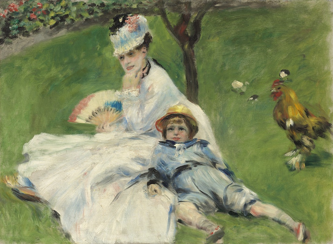 This painting depicts Madame Monet and her son in a serene outdoor setting.