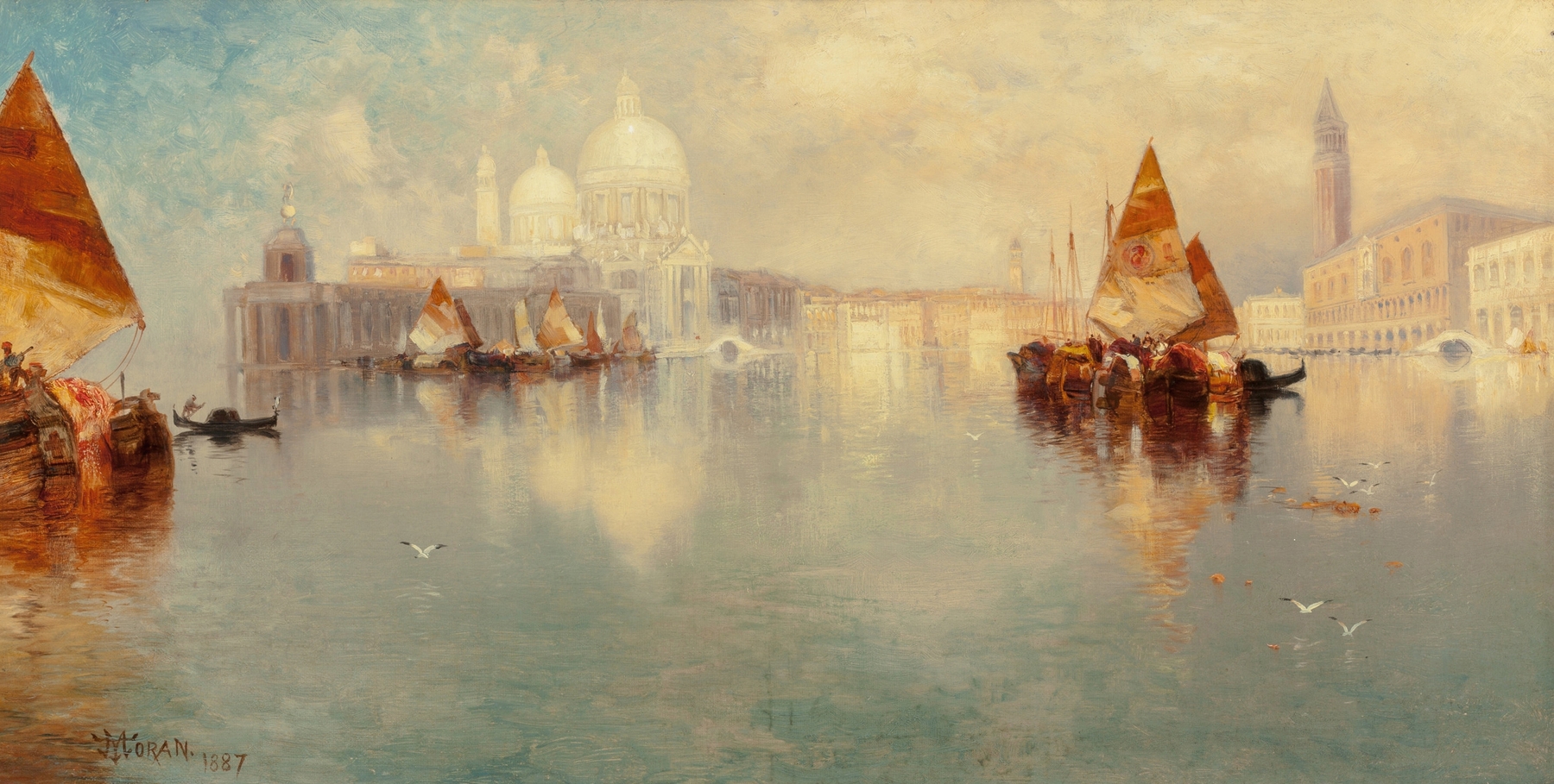 Venice by Thomas Moran, oil painting depicting vibrant water reflections and sunset colors
