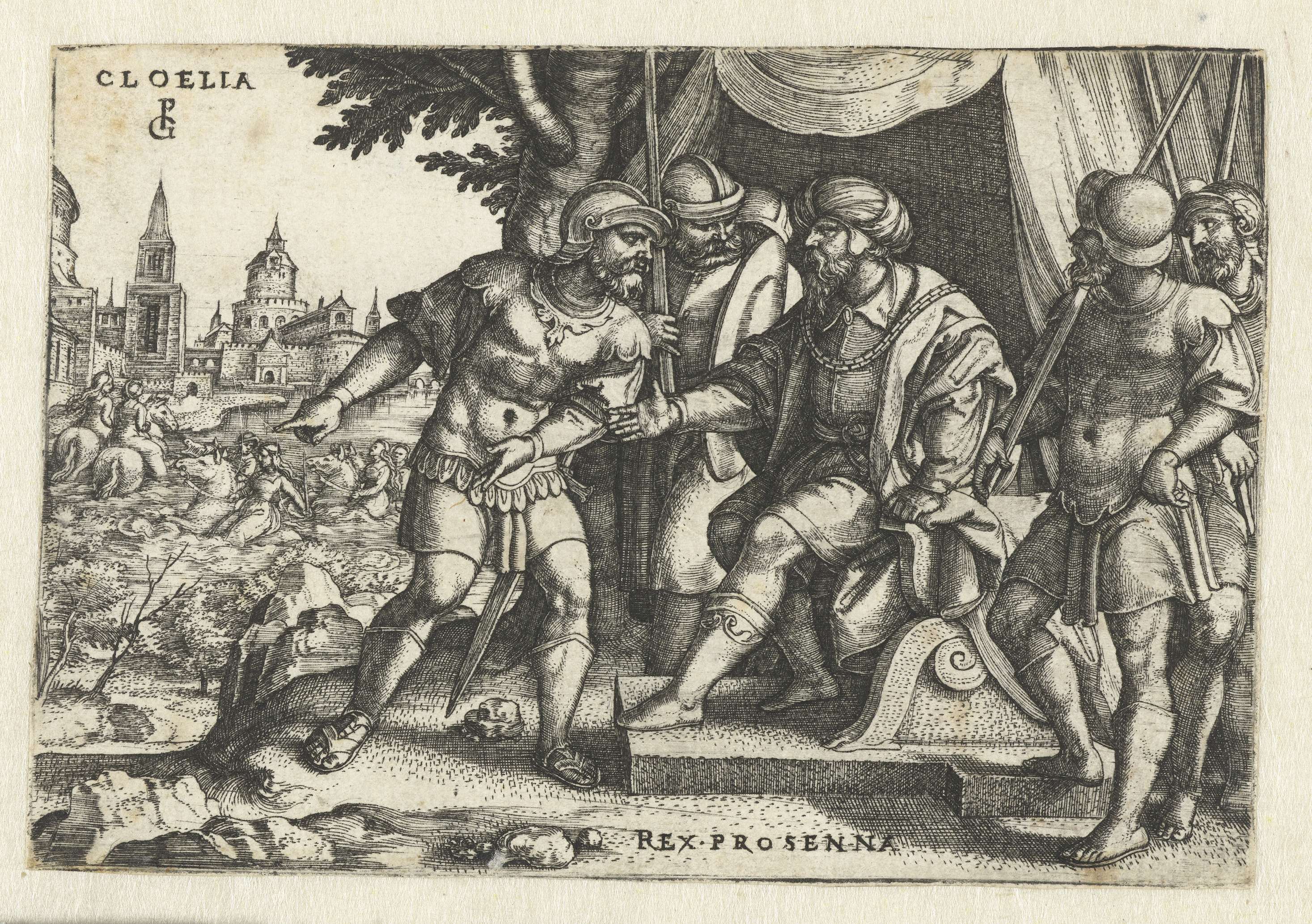 Historical engraving by Georg Pencz depicting figures in muted earth tones