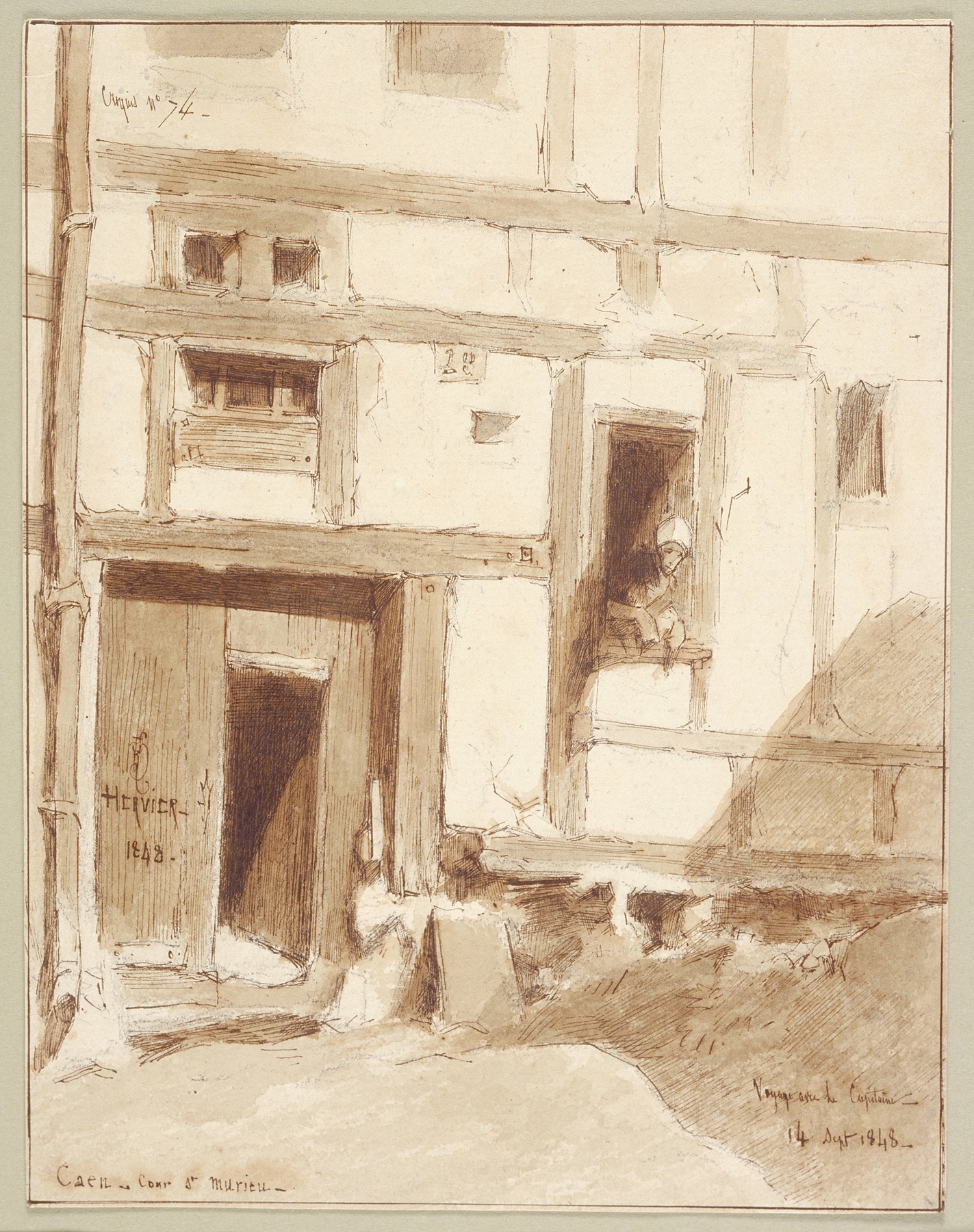 Courtyard of St. Murien by Louis-Adolphe Hervier, Romanticism, depicting sunlight on stone and cobblestones.