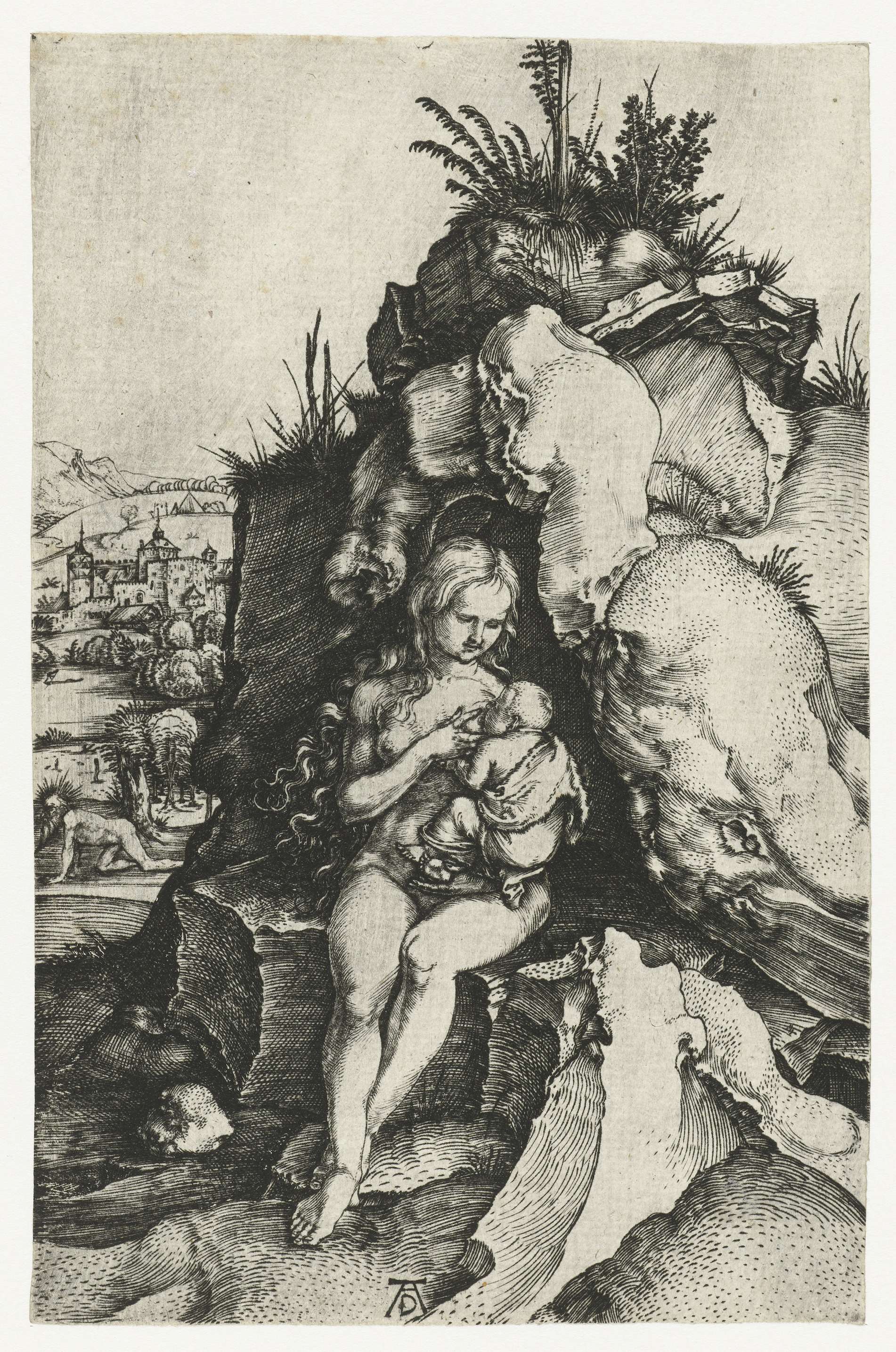 Engraving by Albrecht Dürer depicting St. John Chrysostom with a queen and her newborn child.