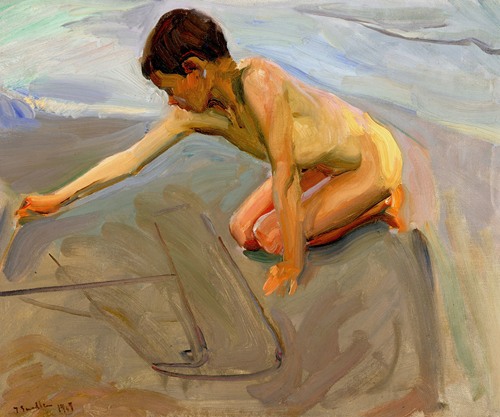 A painting by Joaquín Sorolla depicting figures drawing in the sand.