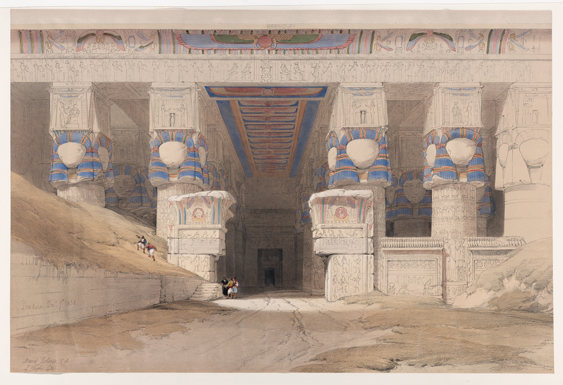 Dendera architecture by David Roberts, 1846-1849, depicting ancient ruins in warm hues.