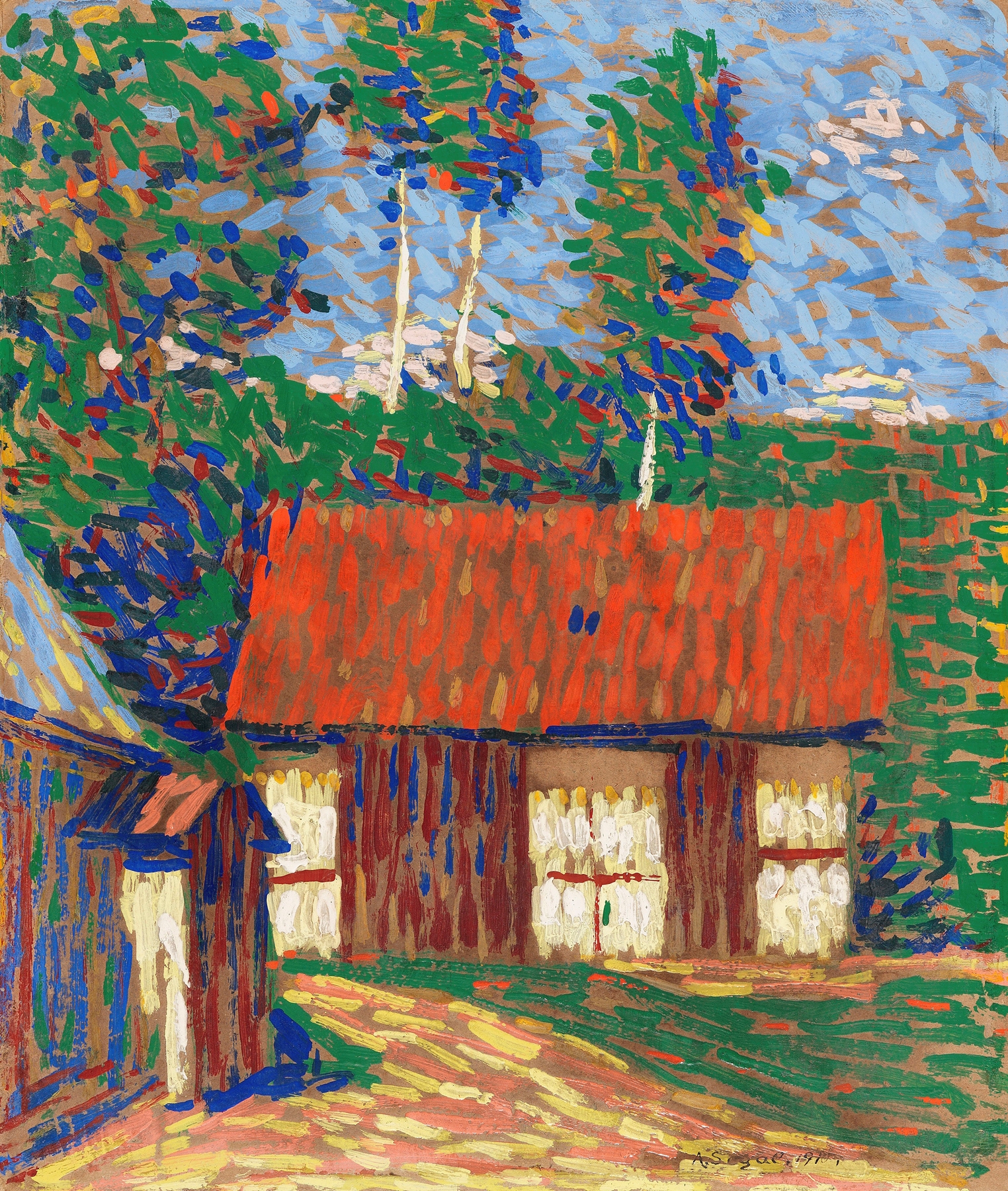 Rotes Dach by Arthur Segal, expressionism, landscape featuring a prominent red roof