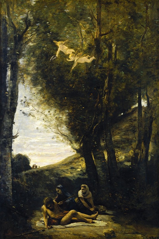 Saint Sebastian is depicted being cared for by holy women in this painting by Corot.