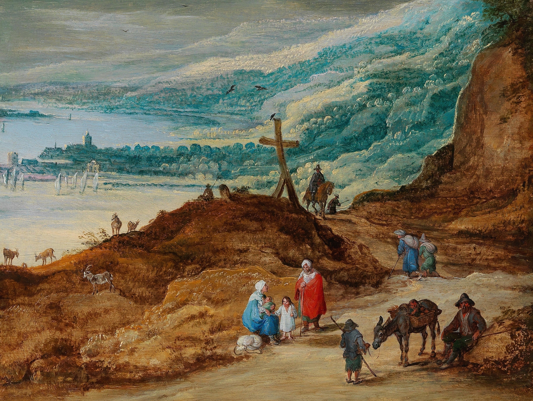 A wide mountainous landscape with travellers, by Joos de Momper, public domain