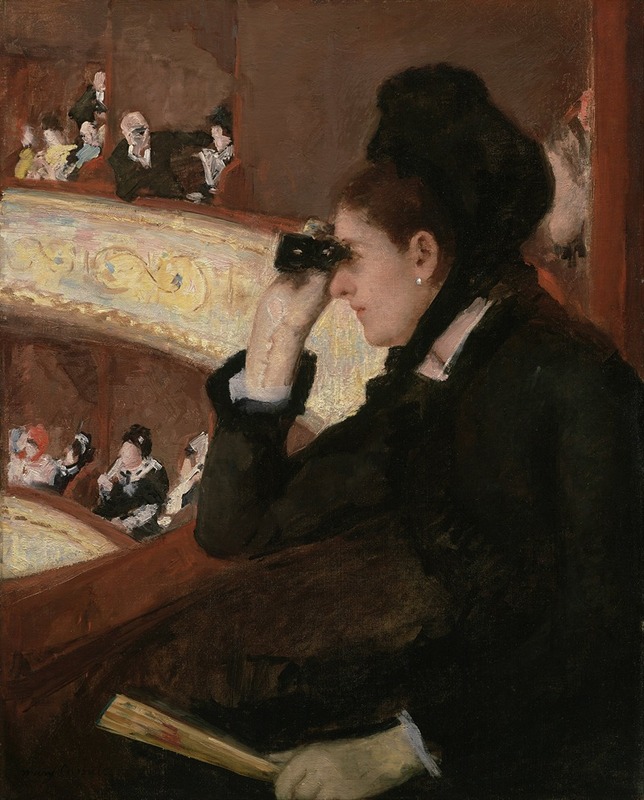 Mary Cassatt's 'In The Loge' captures a woman in a theater box, showcasing her elegance and the social dynamics of the time.