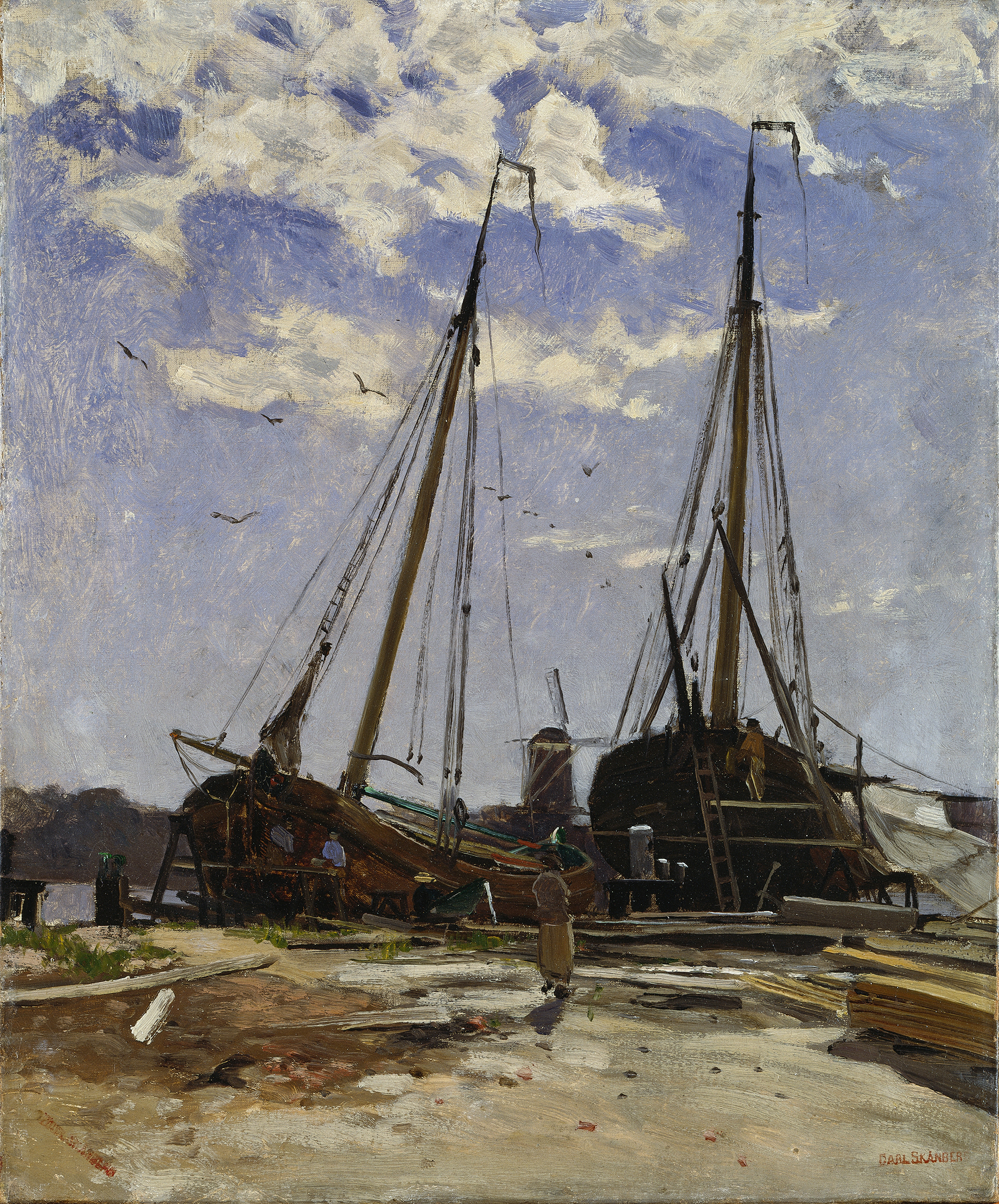 Study for Dordrecht Harbour, watercolor on paper by Carl Skånberg depicting boats on water