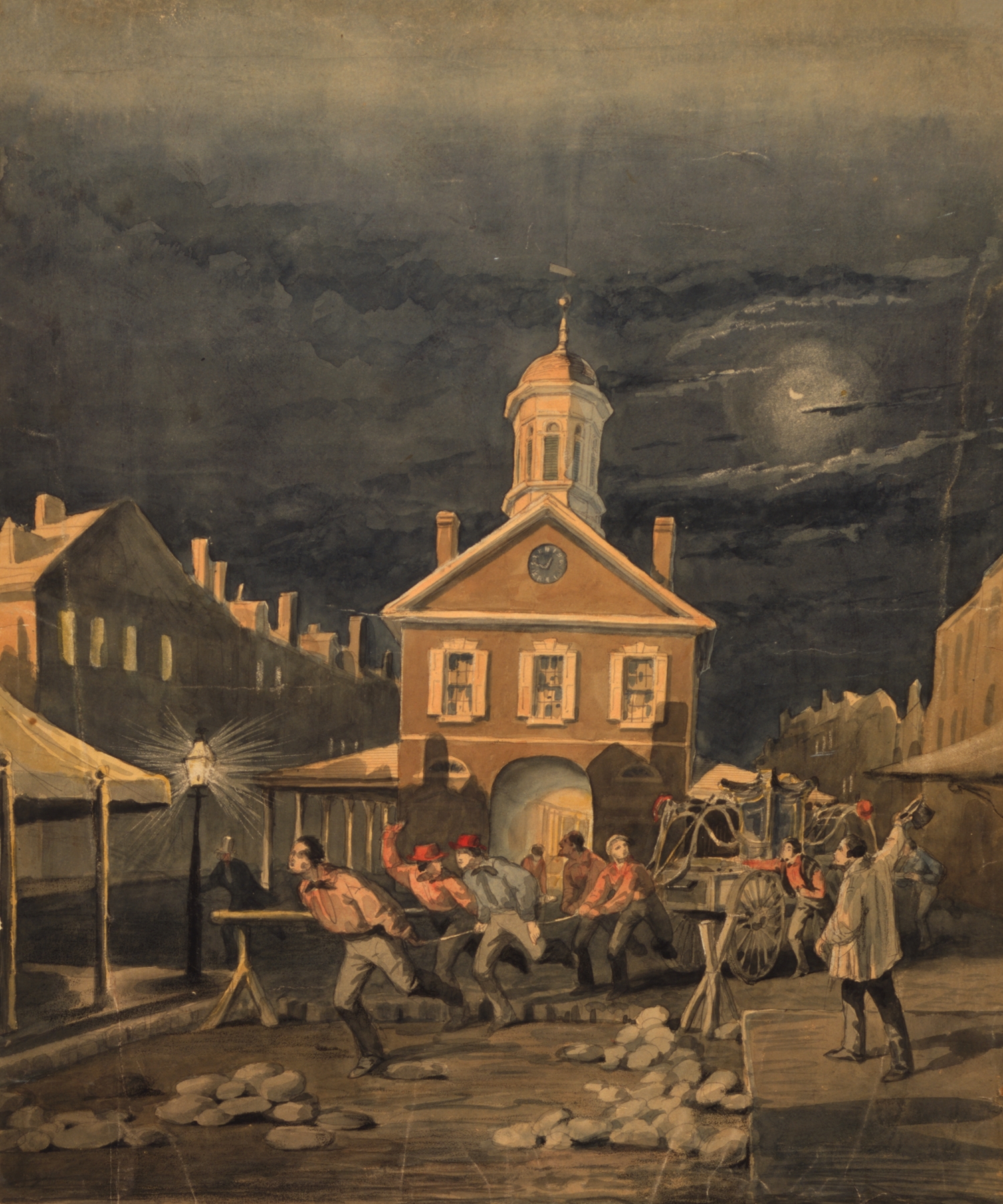 Firehouse scene showing firemen leaving firehouse pulling a hand-drawn fire engine, by James Fuller Queen, public domain