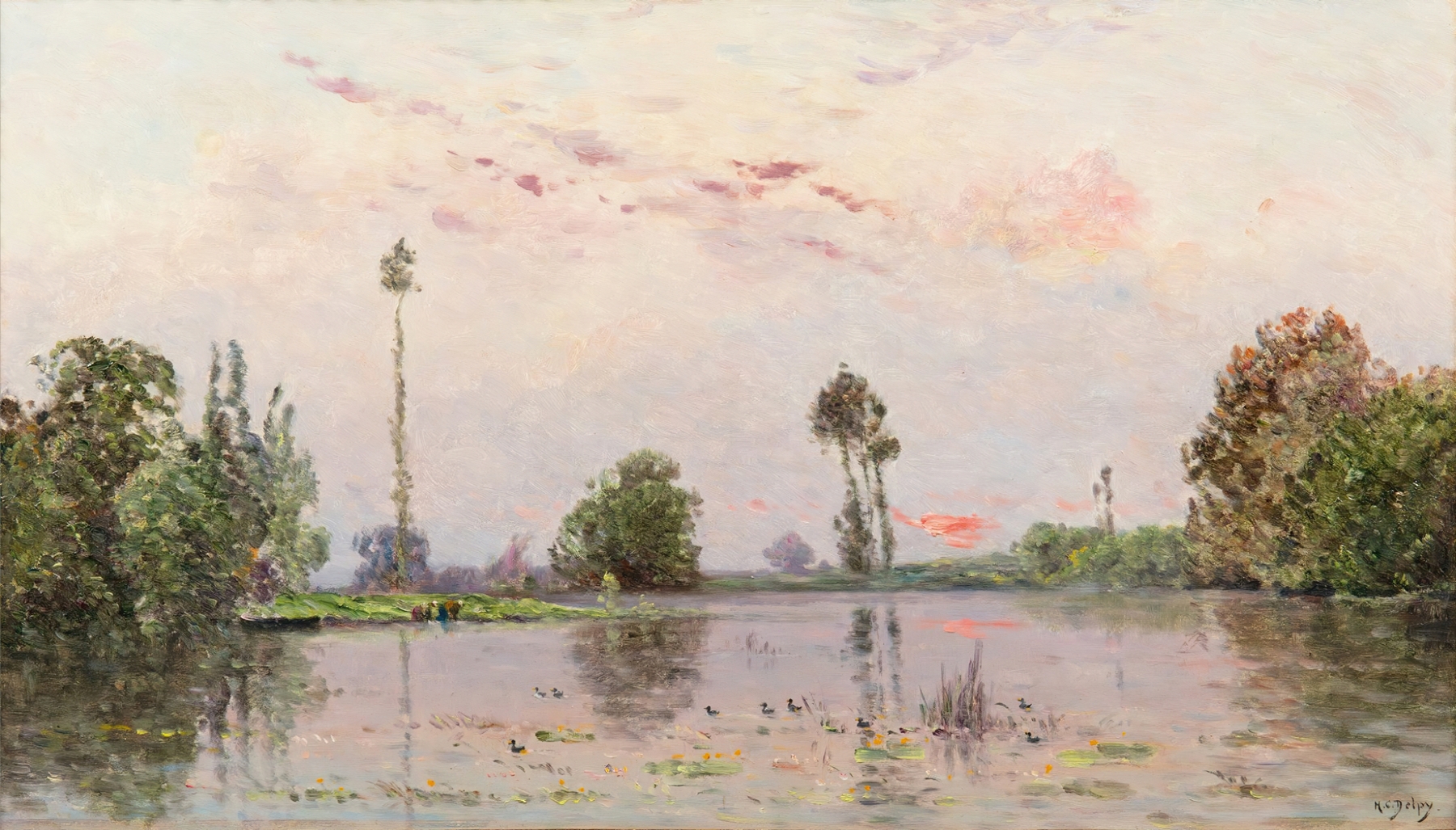 The Pond At Dusk, oil painting by Hippolyte Camille Delpy, depicts a serene twilight landscape.