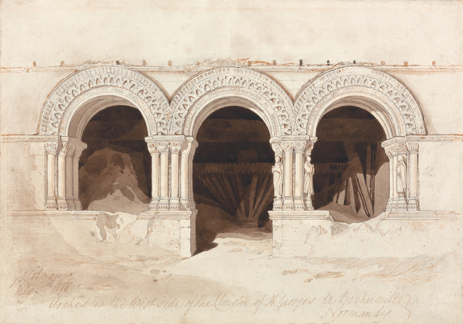 Arches in the West Side of the Cloister of Saint. Georges de Bocherville, near Rouen, Normandy, by John Sell Cotman, public domain
