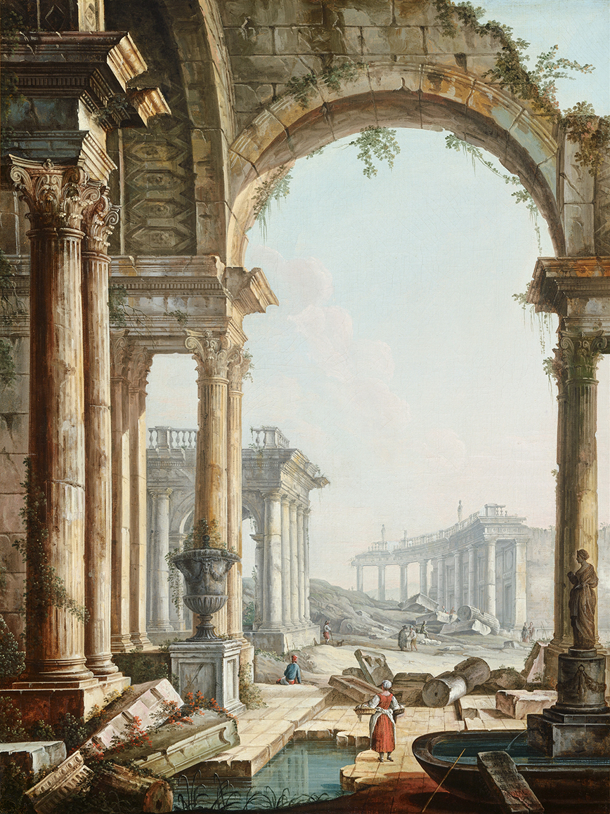 Capriccio with Ruins, oil on canvas by Pietro Bellotti, featuring fragmented pillars and a turbulent sky.