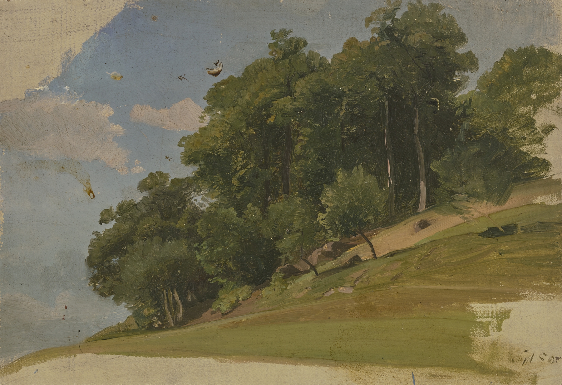 Landscape by Jakob Becker depicting a forest with sunlight filtering through trees, oil painting