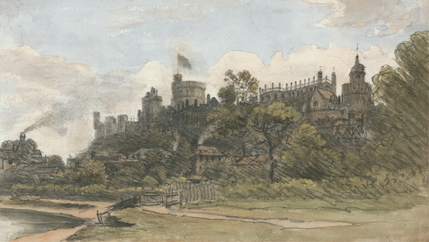 Landscape featuring Windsor Castle and a river, oil painting by William Crotch
