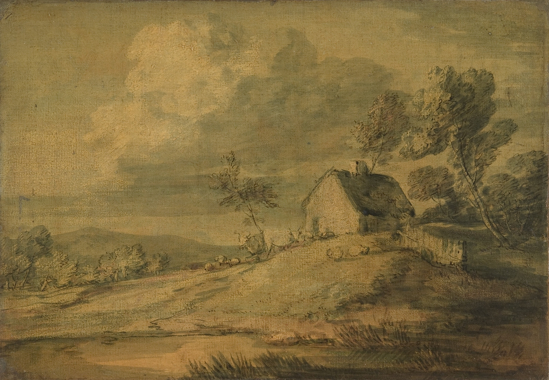 Wooded Landscape with Cottage, Cows and Sheep, by Thomas Gainsborough, public domain