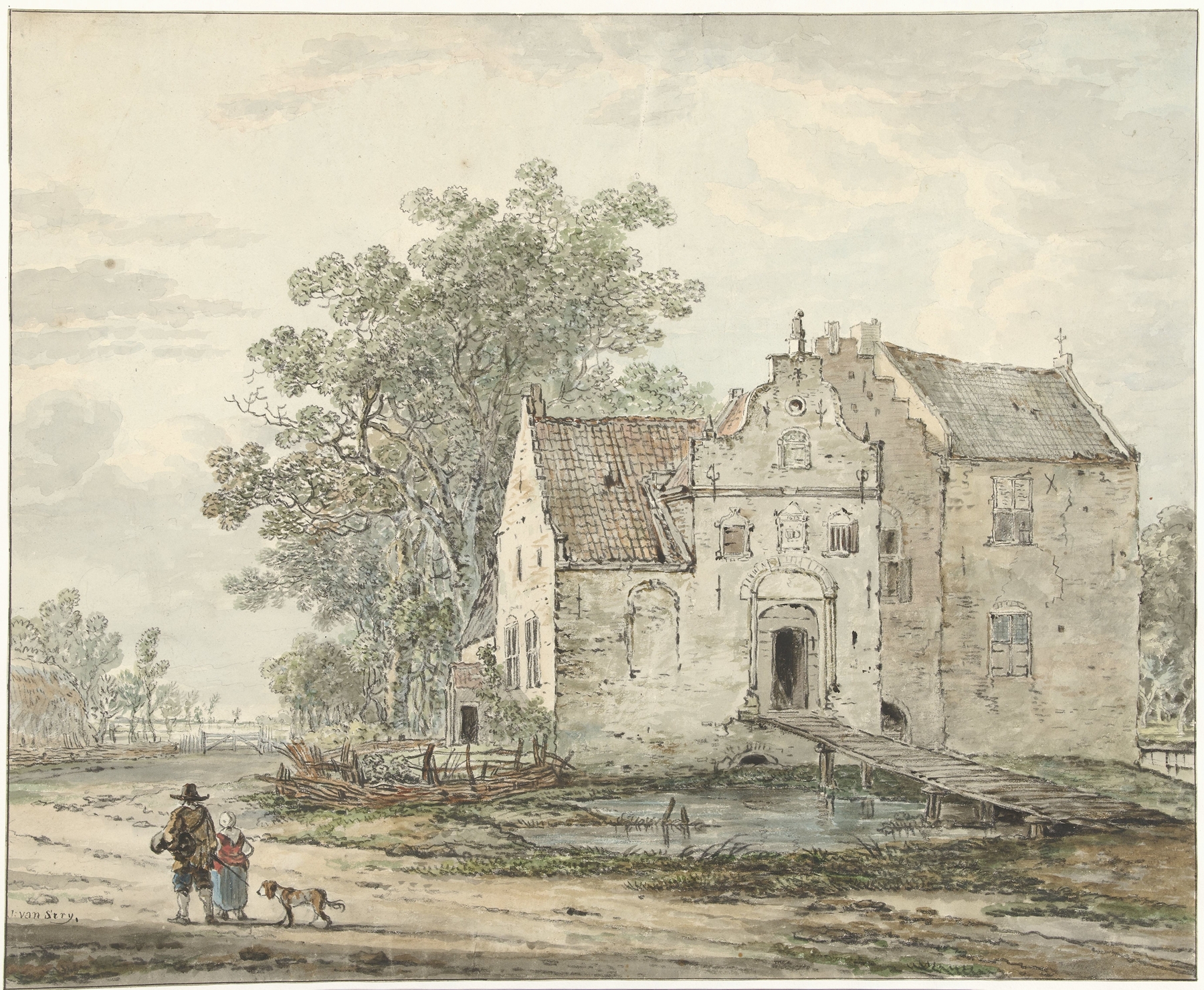 Kasteel IJzendoorn in de Betuwe, oil painting by Jacob van Strij, depicting a castle surrounded by nature.