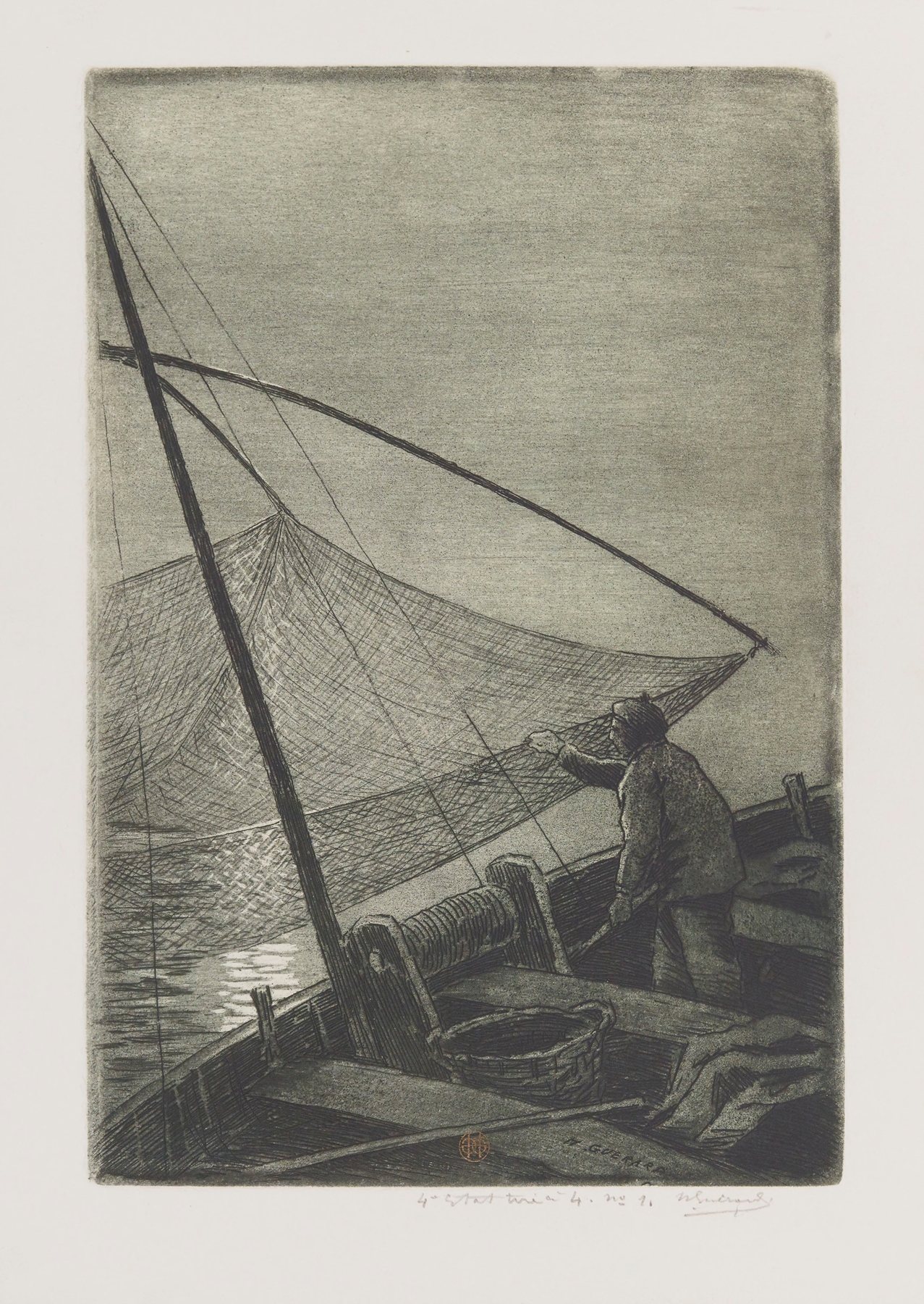 Etching by Henri-Charles Guérard depicting a fisherman by a tranquil waterway.