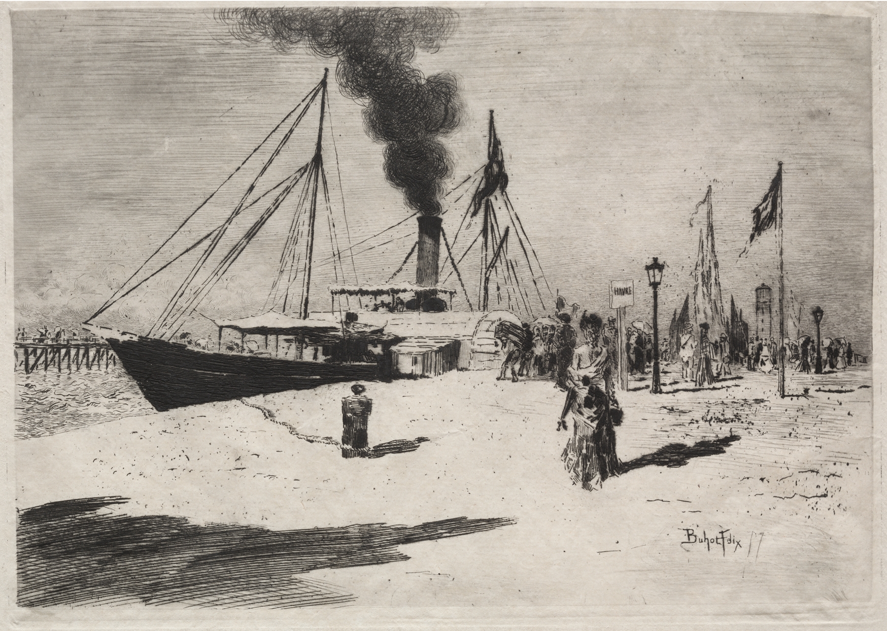 Marine scene with boats at a harbor, oil painting by Félix Hilaire Buhot