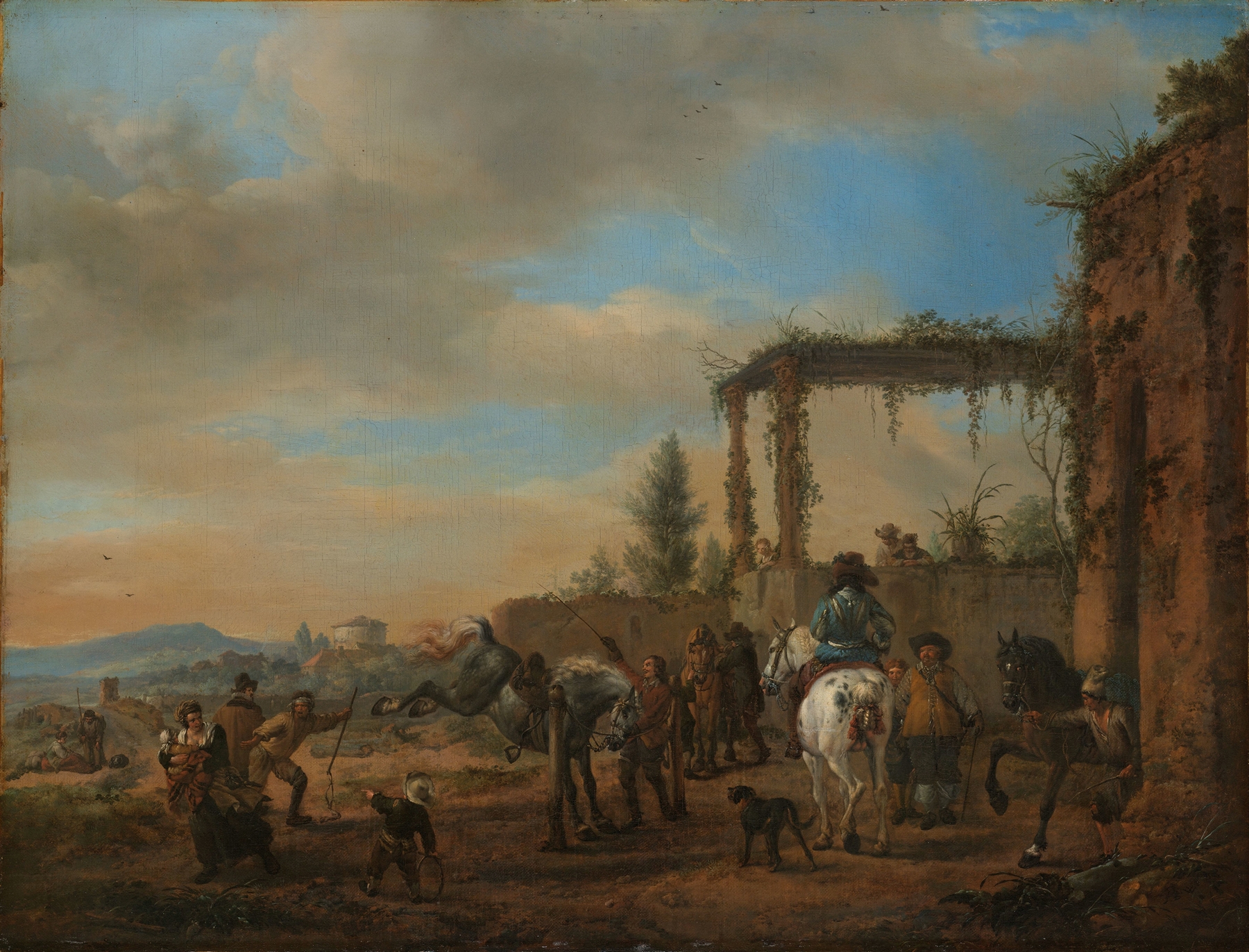 The Riding School, oil on canvas by Philips Wouwerman, depicting riders and horses in a sunlit courtyard.