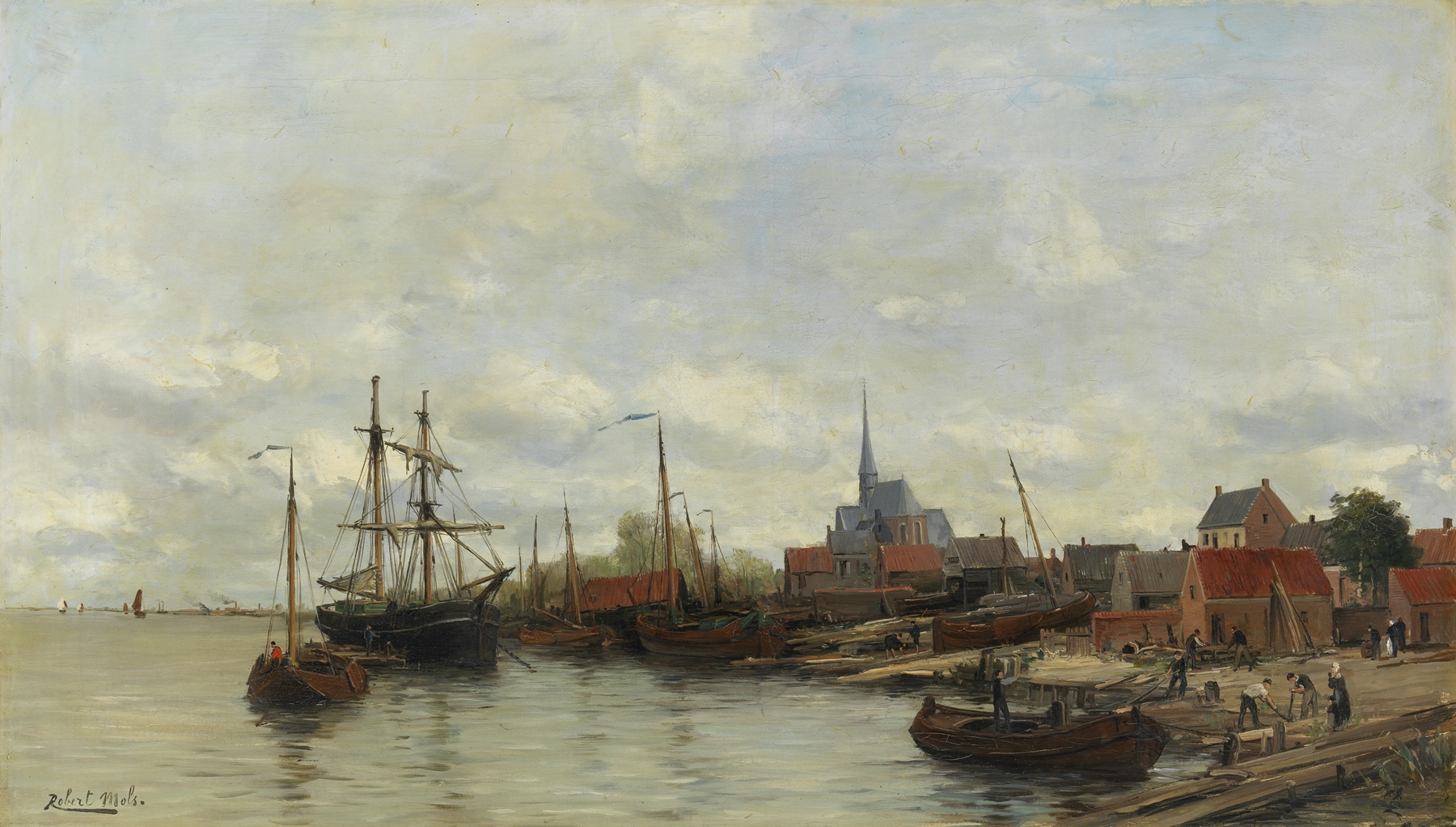 Marine scene of a shipyard with tools and wooden beams by Robert Mols